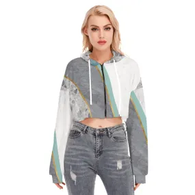 14All-Over Print Women's Cropped Hoodie With Zipper Closure green, white and gray Pratt