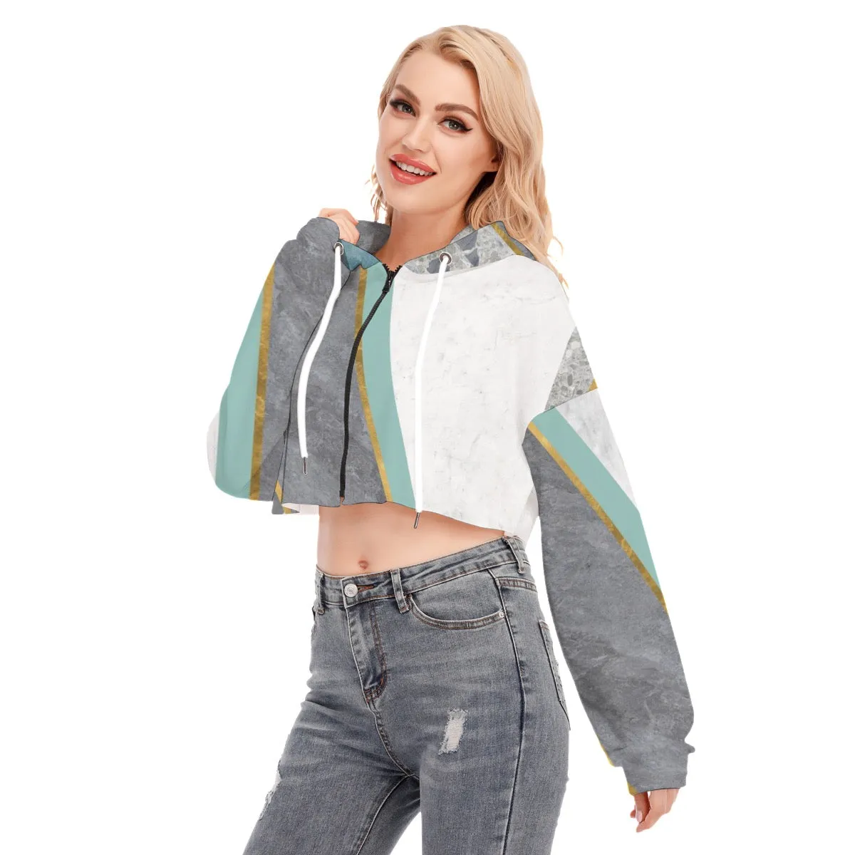 14All-Over Print Women's Cropped Hoodie With Zipper Closure green, white and gray Pratt