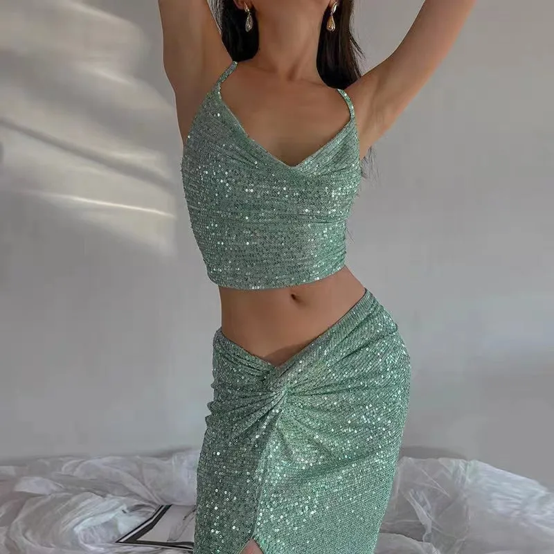 2 Pieces Mint Sequin Prom Dresses, Maxi Dresses, Party Dresses, Shiny Prom Dresses, Newest Prom Dresses