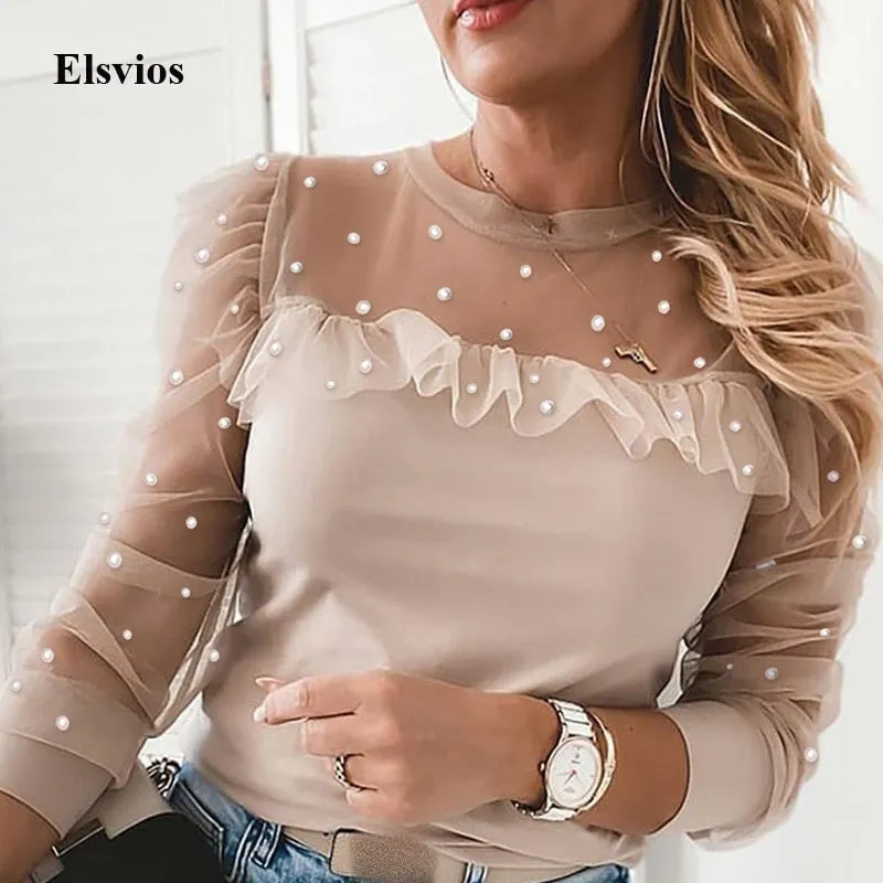 2021 Autumn Sexy Blouse Ruffle Puff Long Sleeve Pullover Sizes S - XL