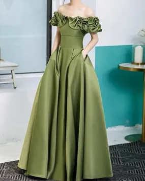 A-Line Princess Moss Green Satin Bridesmaid Dresses Evening Dresses With Pockets