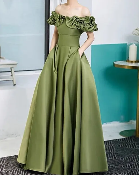 A-Line Princess Moss Green Satin Bridesmaid Dresses Evening Dresses With Pockets