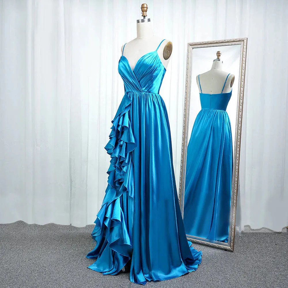 A Line Spaghetti Straps  Satin Prom Dresses With Slit And Flounced