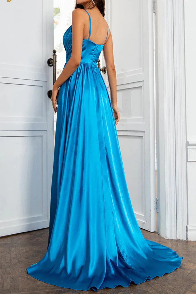 A Line Spaghetti Straps  Satin Prom Dresses With Slit And Flounced