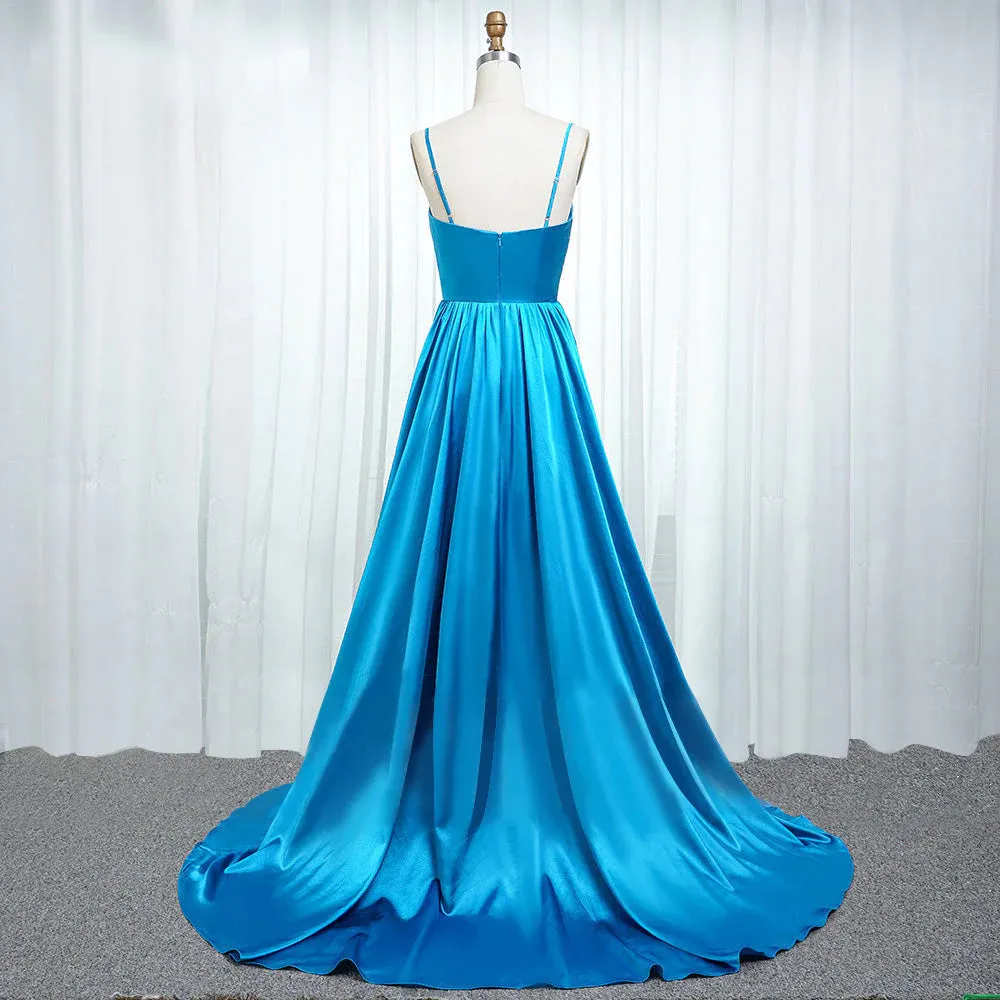 A Line Spaghetti Straps  Satin Prom Dresses With Slit And Flounced