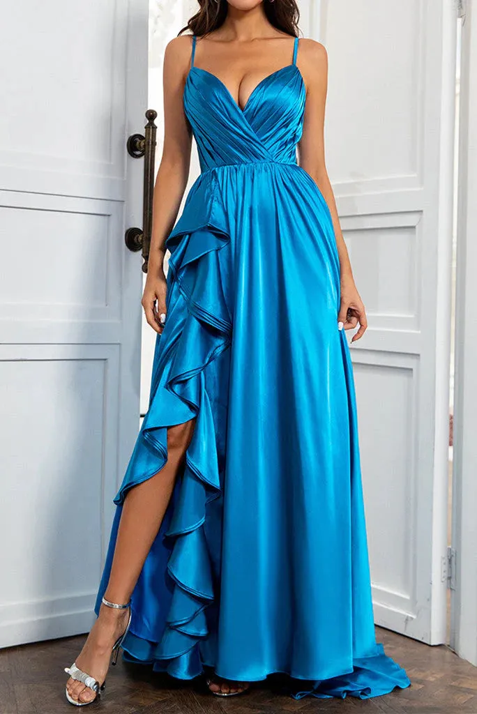 A Line Spaghetti Straps  Satin Prom Dresses With Slit And Flounced