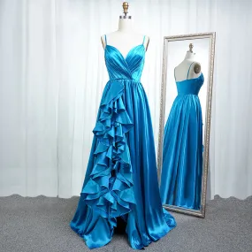 A Line Spaghetti Straps  Satin Prom Dresses With Slit And Flounced