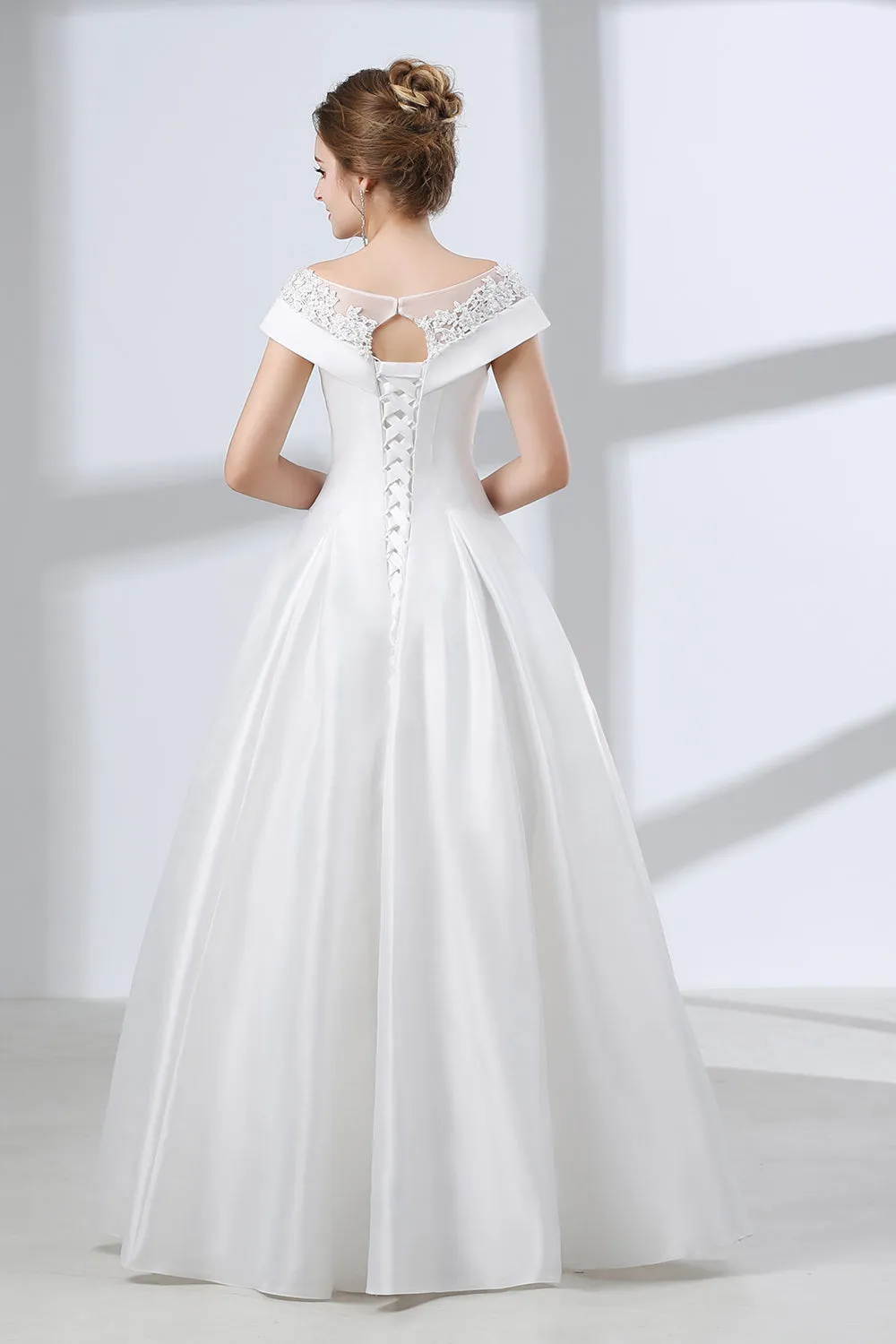 A-Line White Satin Lace Off The Shoulder Wedding Dresses