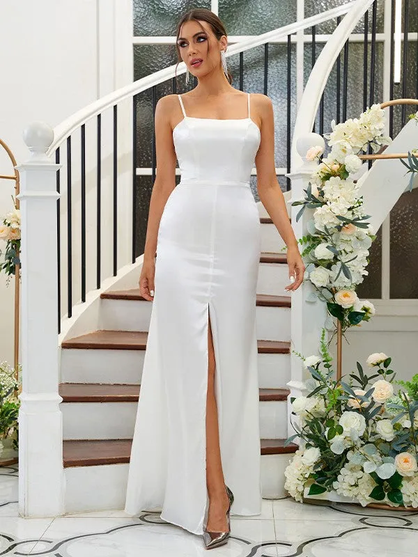 A-Line/Princess Silk like Satin Ruffles Spaghetti Straps Sleeveless Floor-Length Bridesmaid Dresses