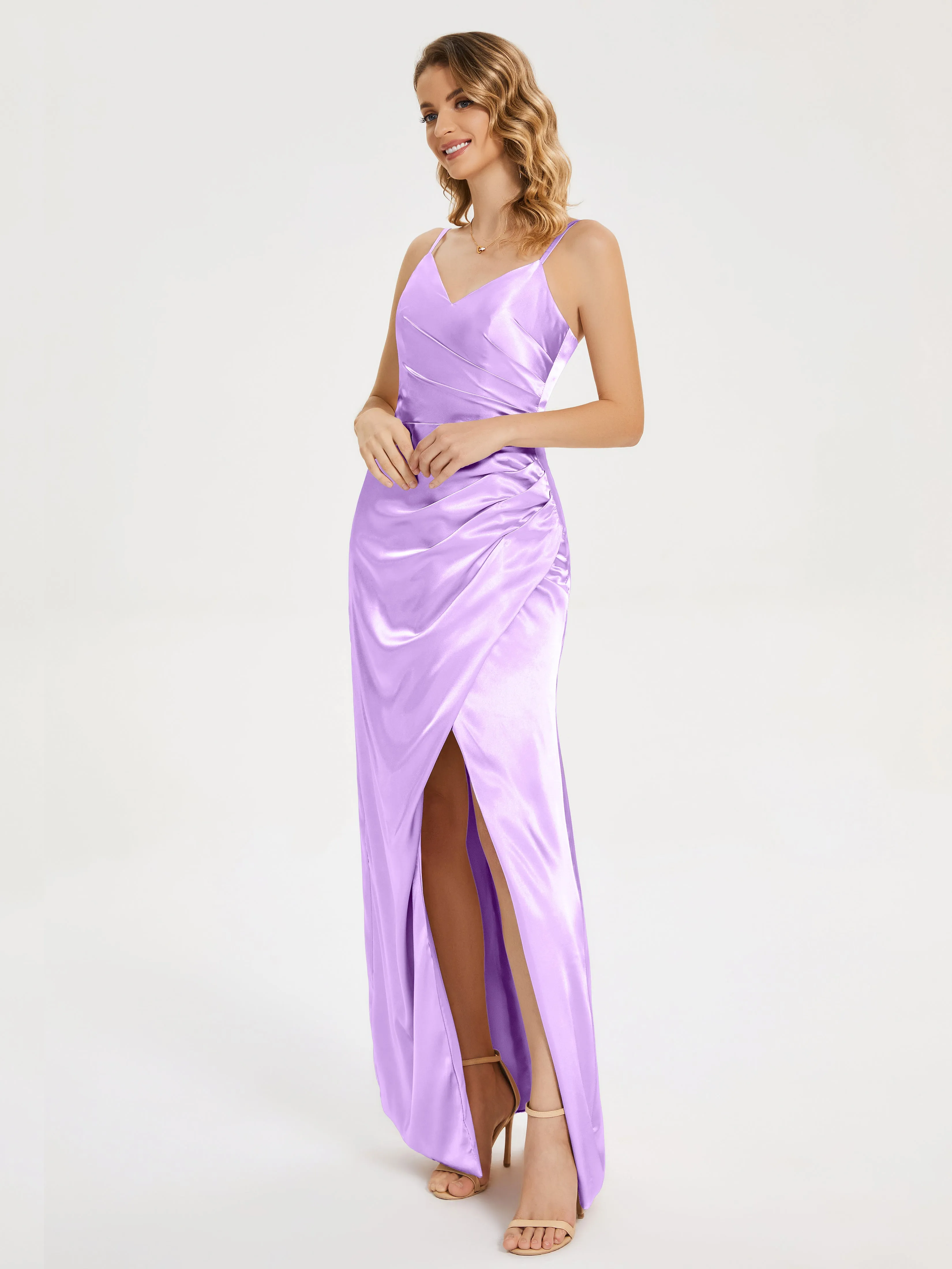 Aniyah Ruched Spaghetti Straps Soft Satin Dresses