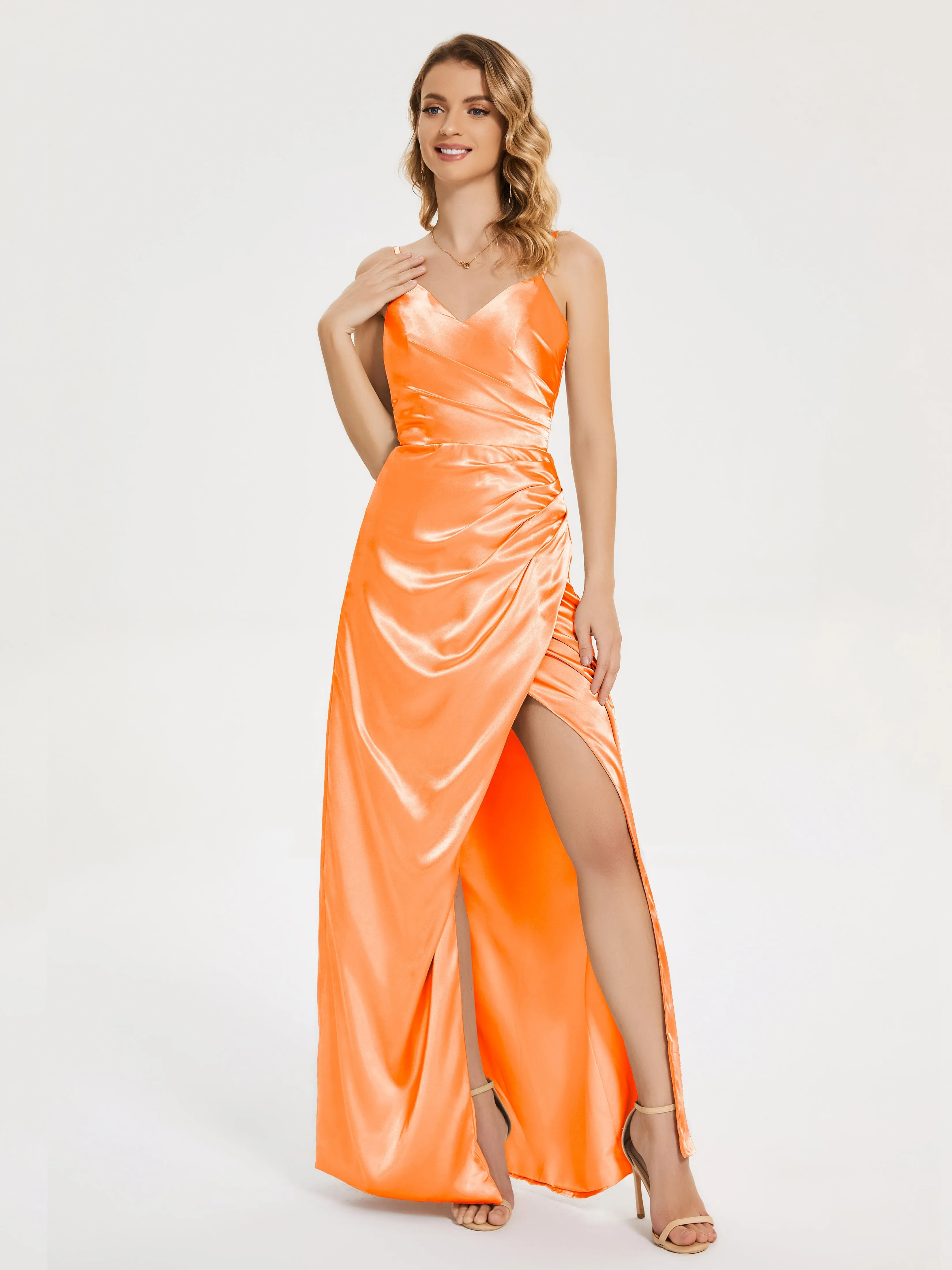 Aniyah Ruched Spaghetti Straps Soft Satin Dresses