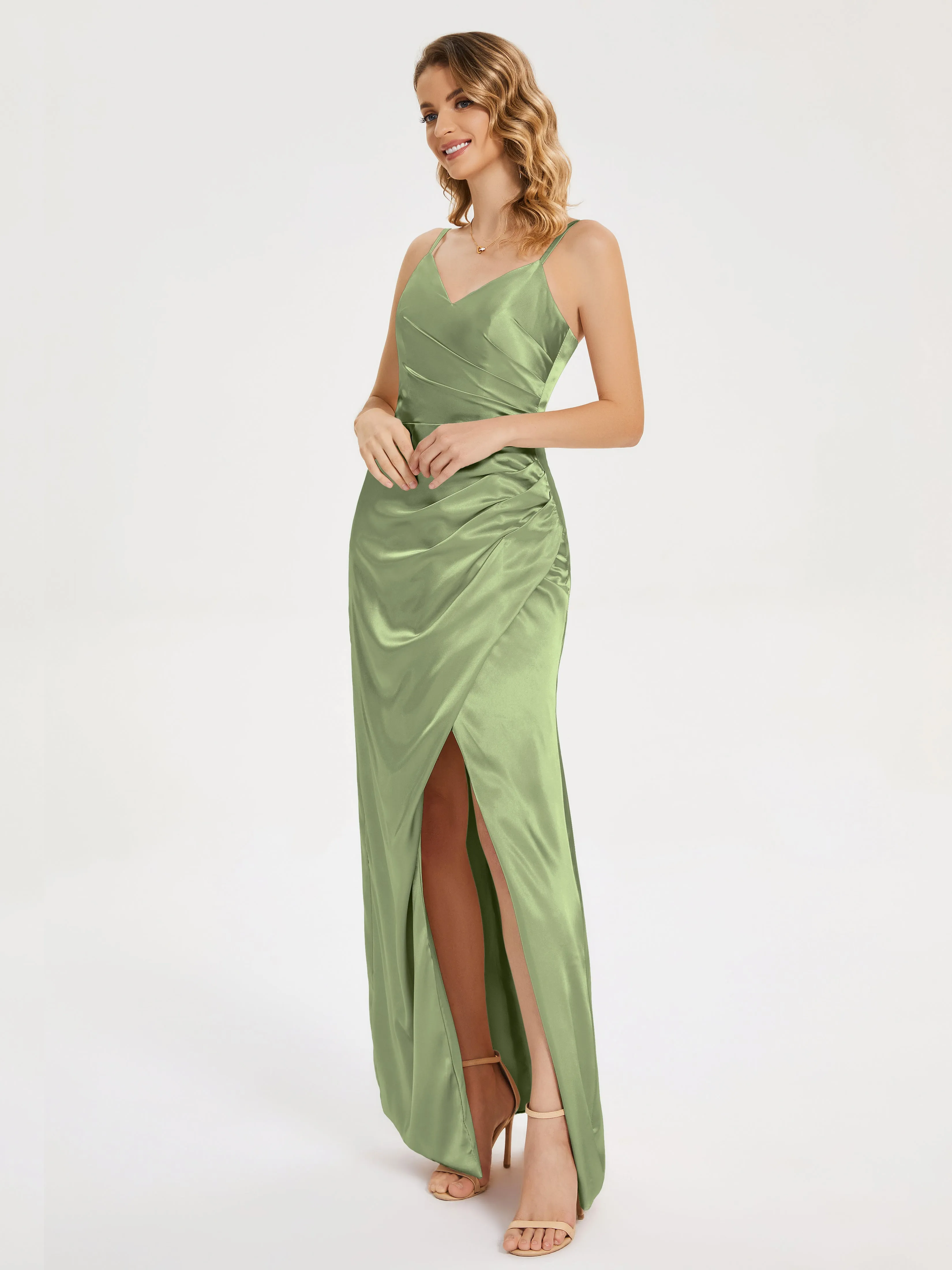 Aniyah Ruched Spaghetti Straps Soft Satin Dresses