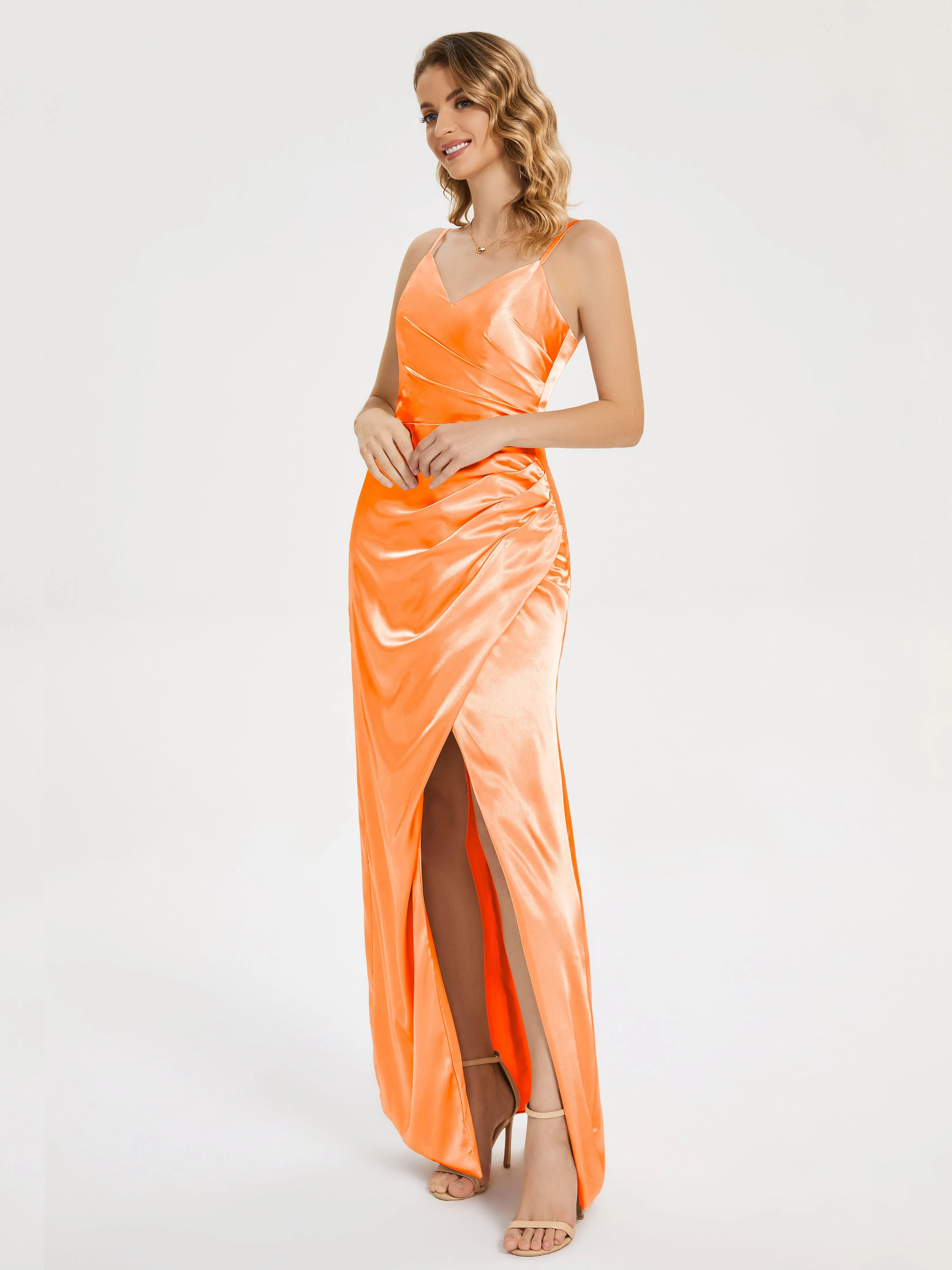 Aniyah Ruched Spaghetti Straps Soft Satin Dresses