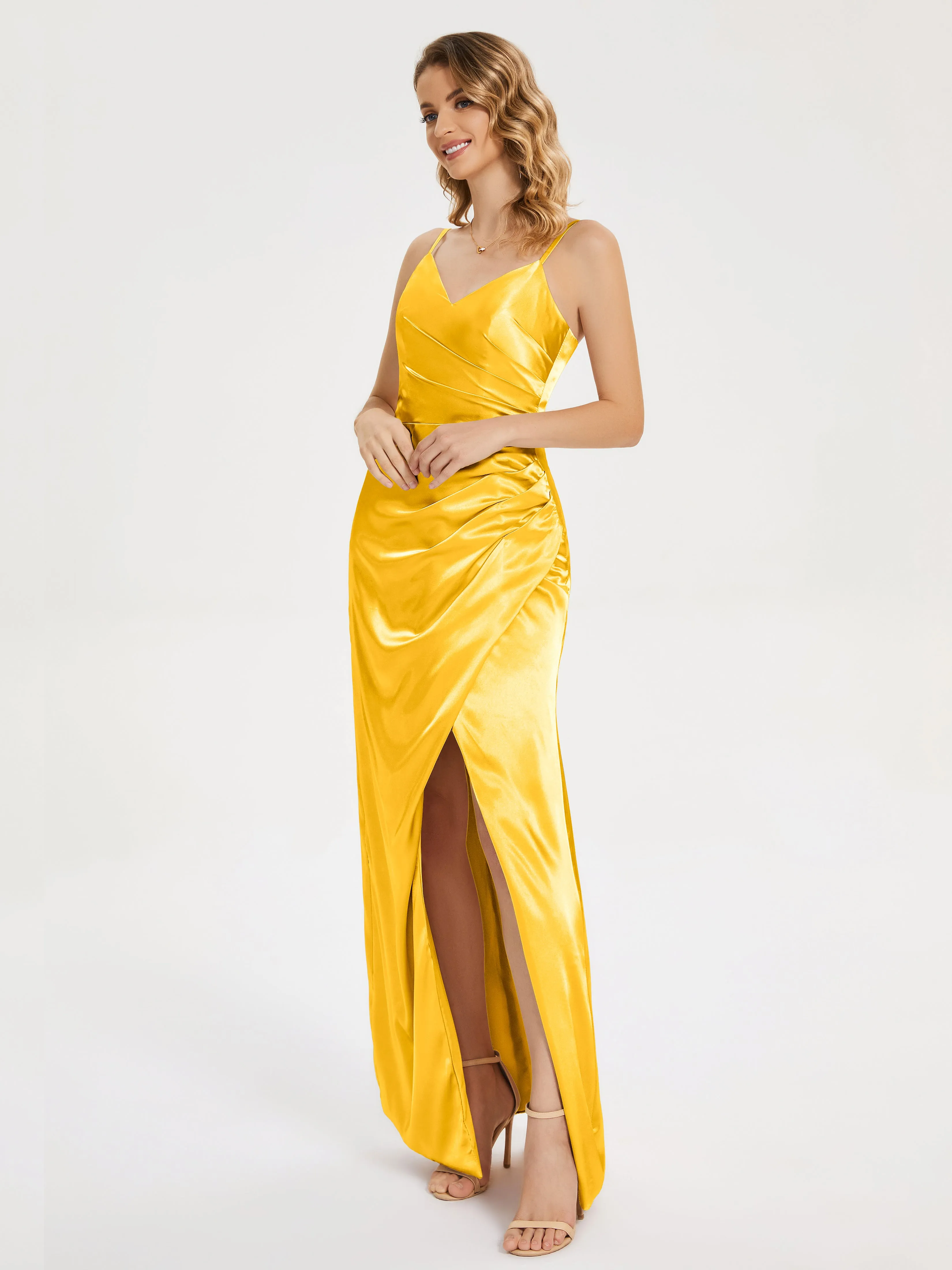 Aniyah Ruched Spaghetti Straps Soft Satin Dresses