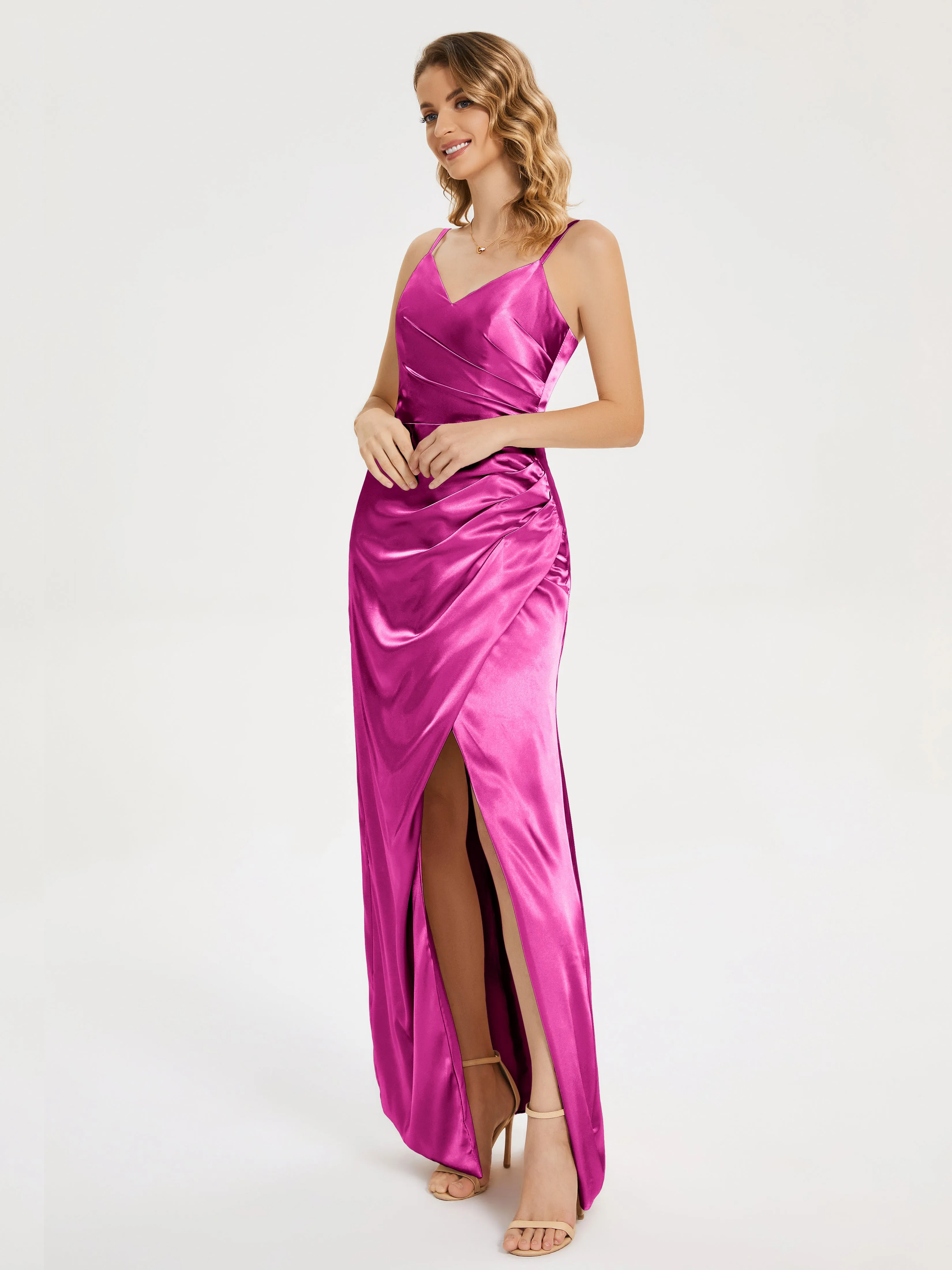 Aniyah Ruched Spaghetti Straps Soft Satin Dresses