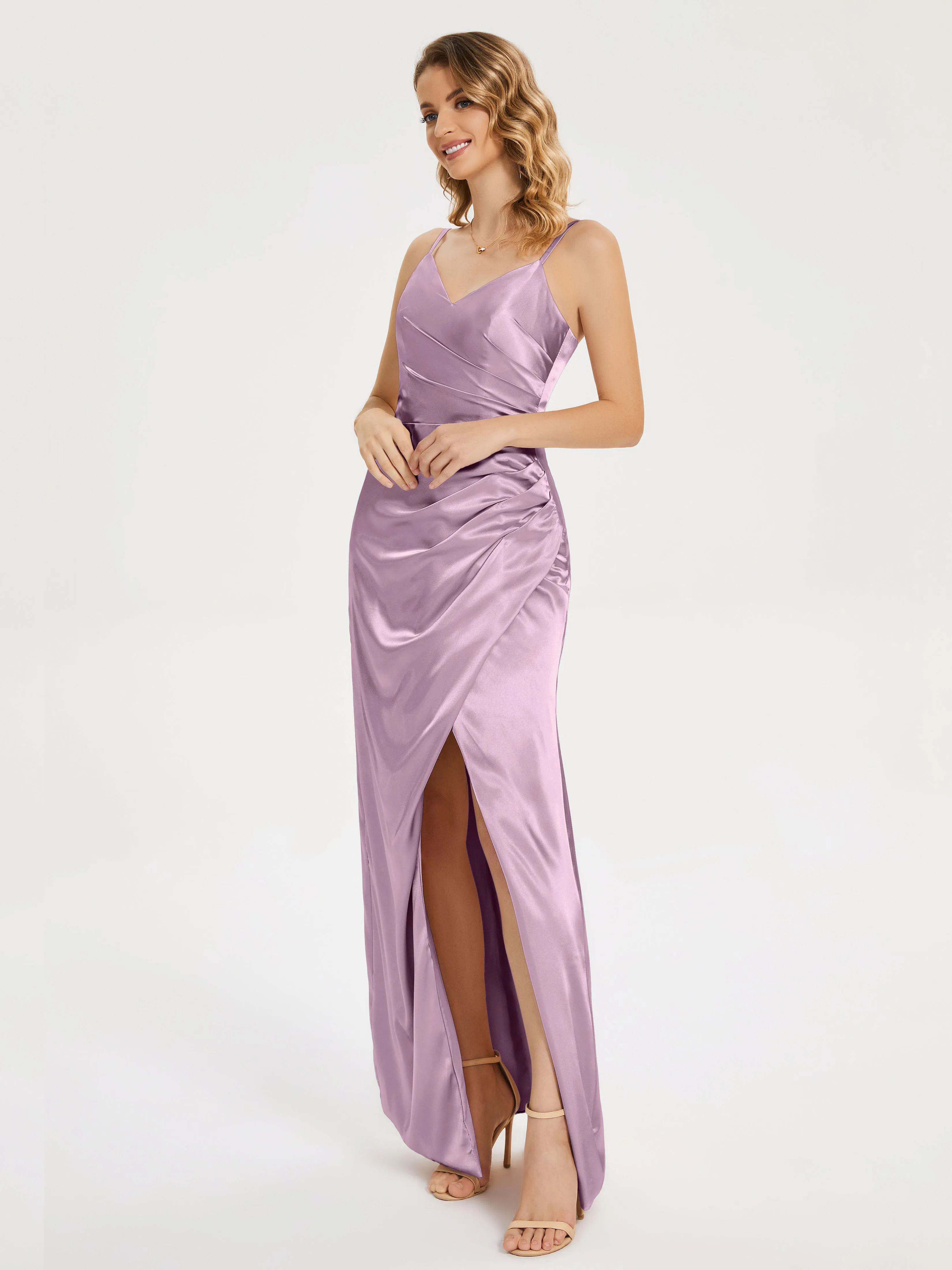 Aniyah Ruched Spaghetti Straps Soft Satin Dresses