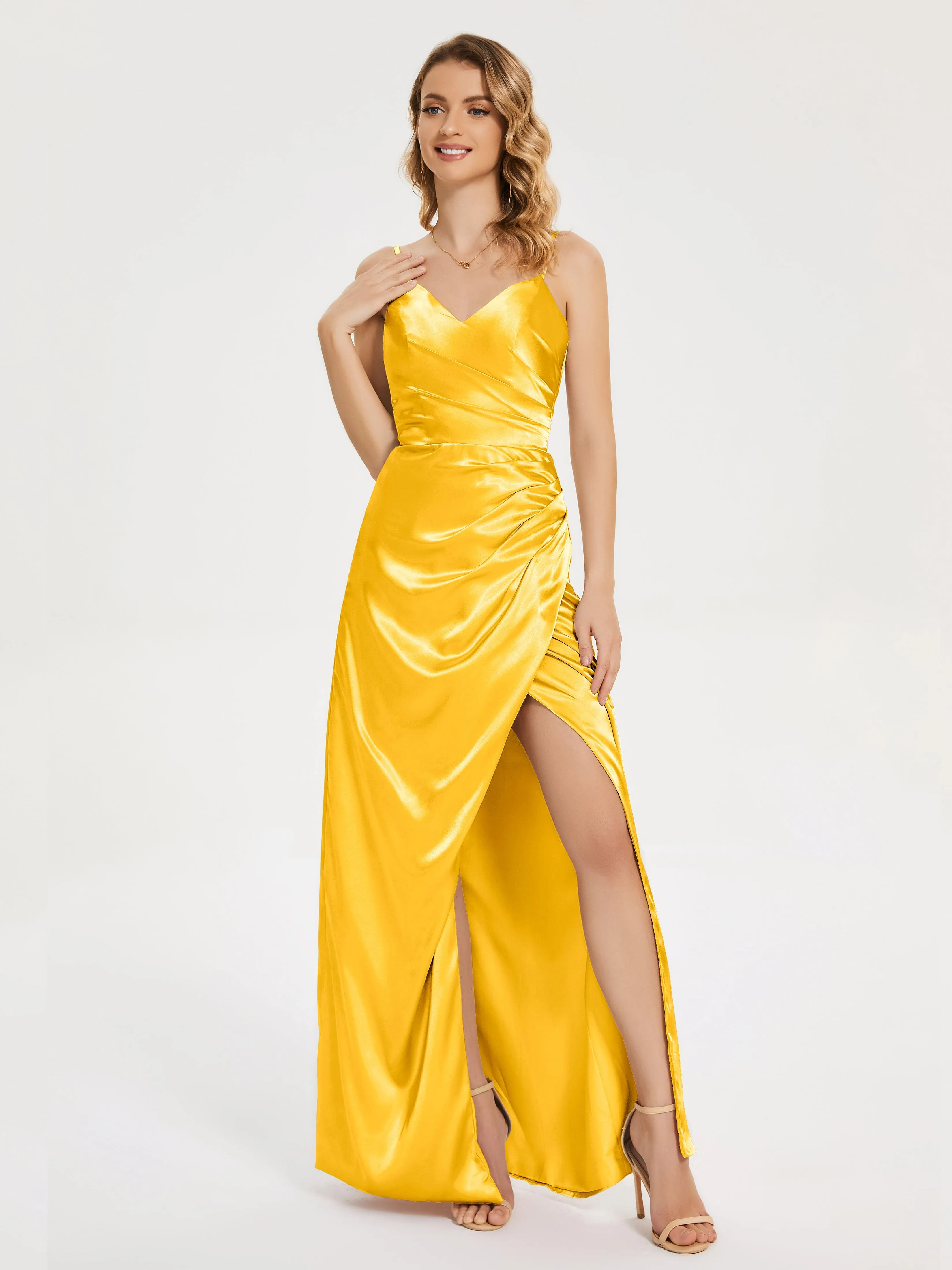 Aniyah Ruched Spaghetti Straps Soft Satin Dresses