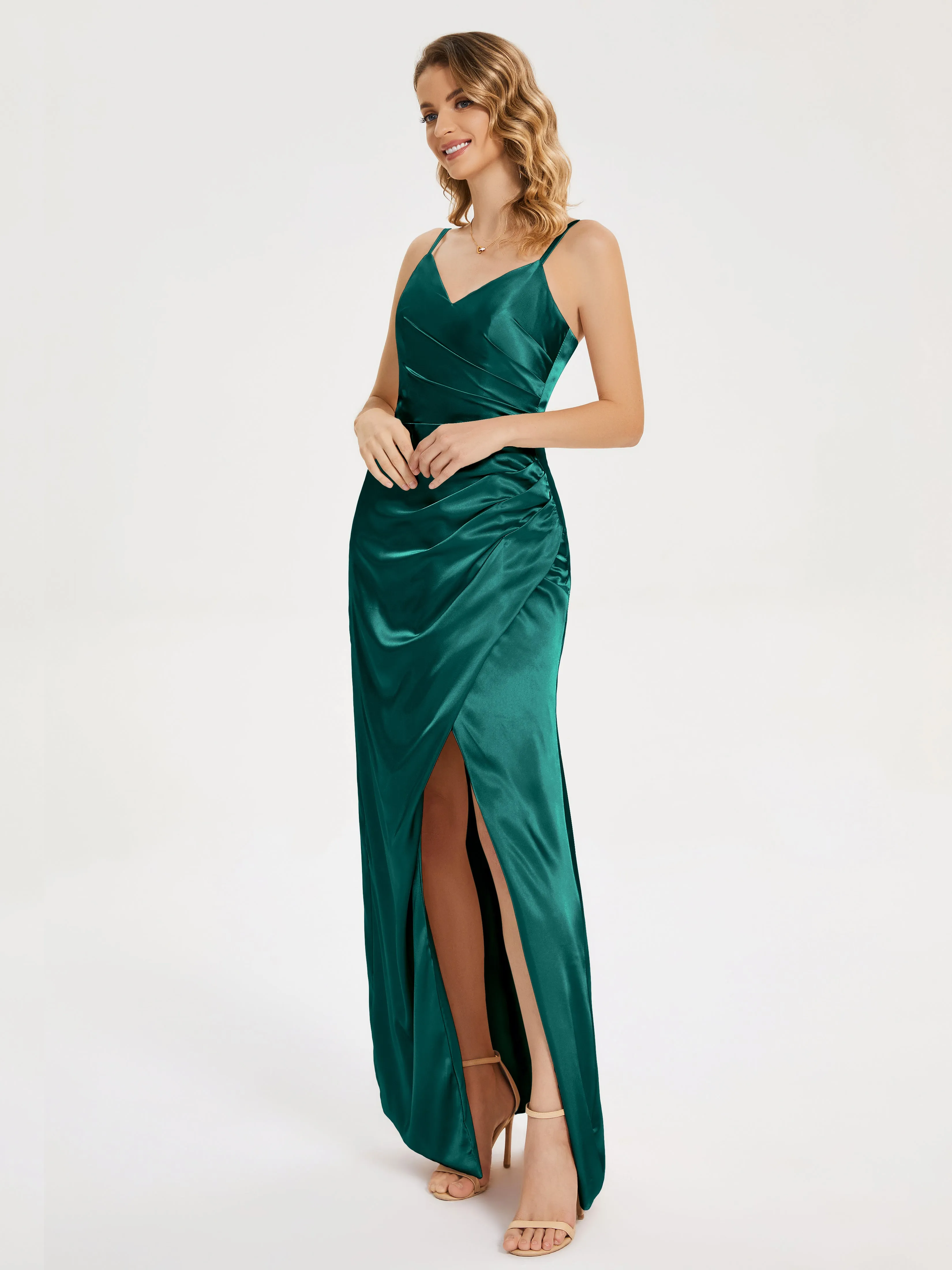 Aniyah Ruched Spaghetti Straps Soft Satin Dresses