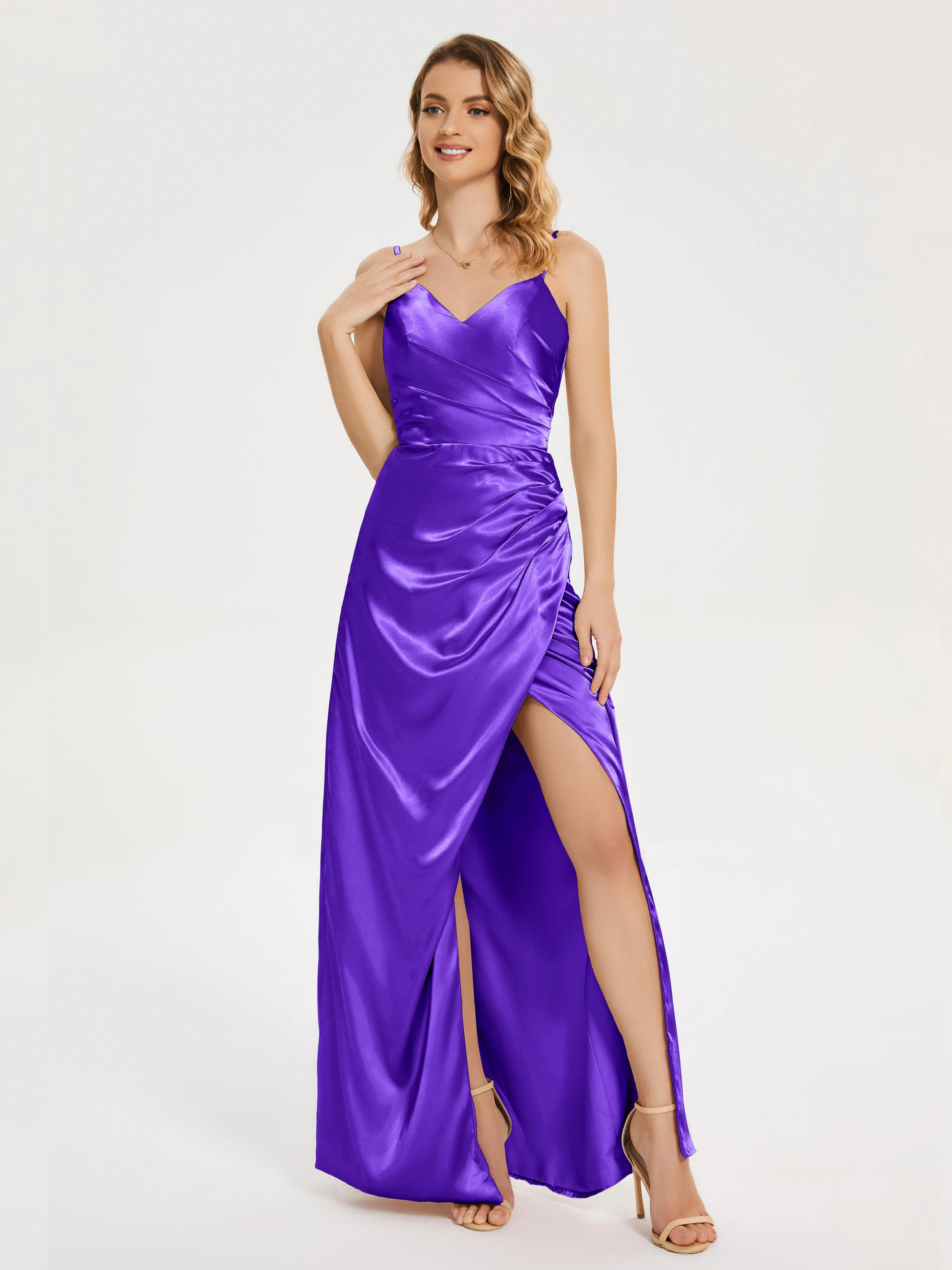 Aniyah Ruched Spaghetti Straps Soft Satin Dresses