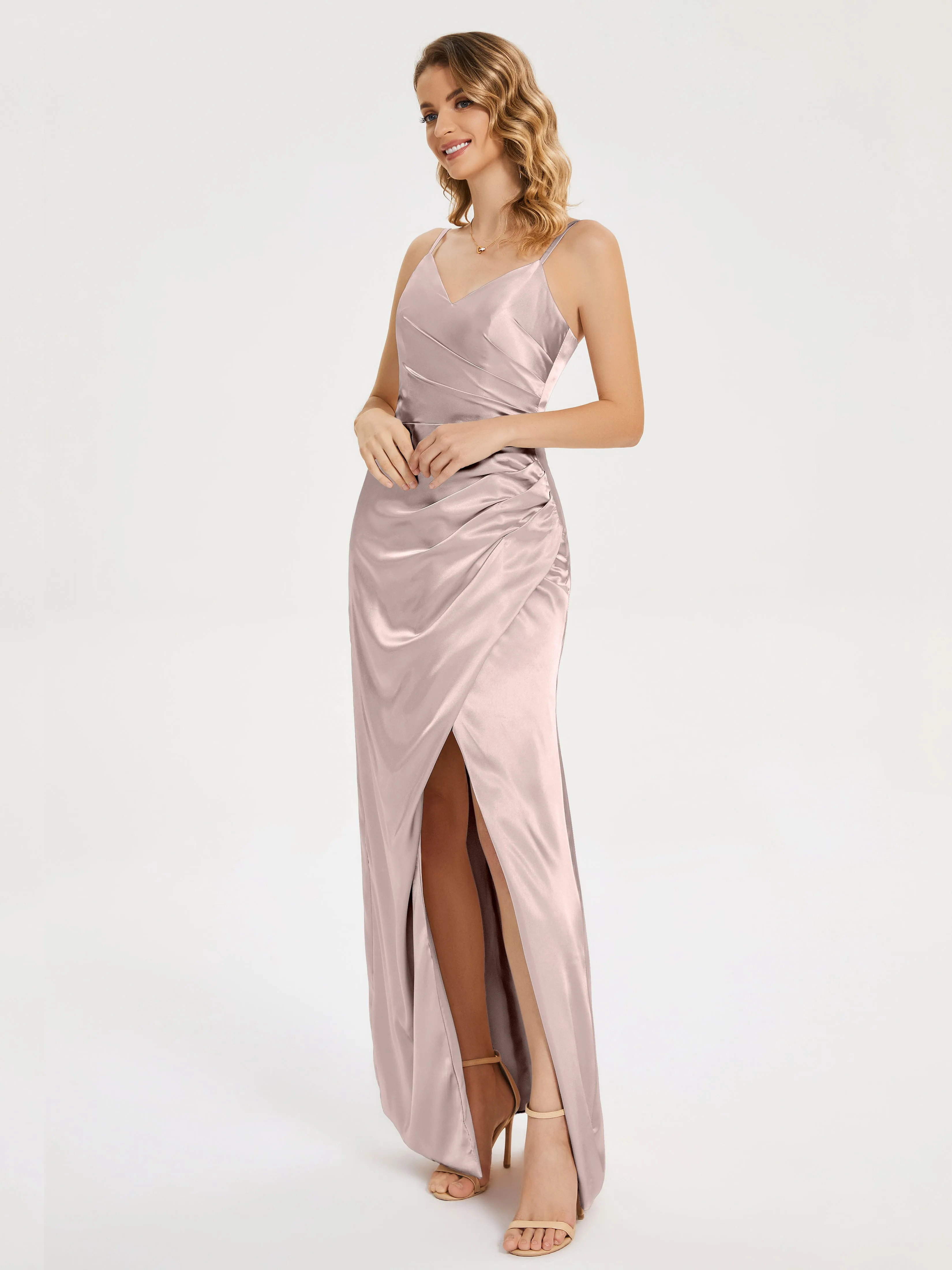 Aniyah Ruched Spaghetti Straps Soft Satin Dresses