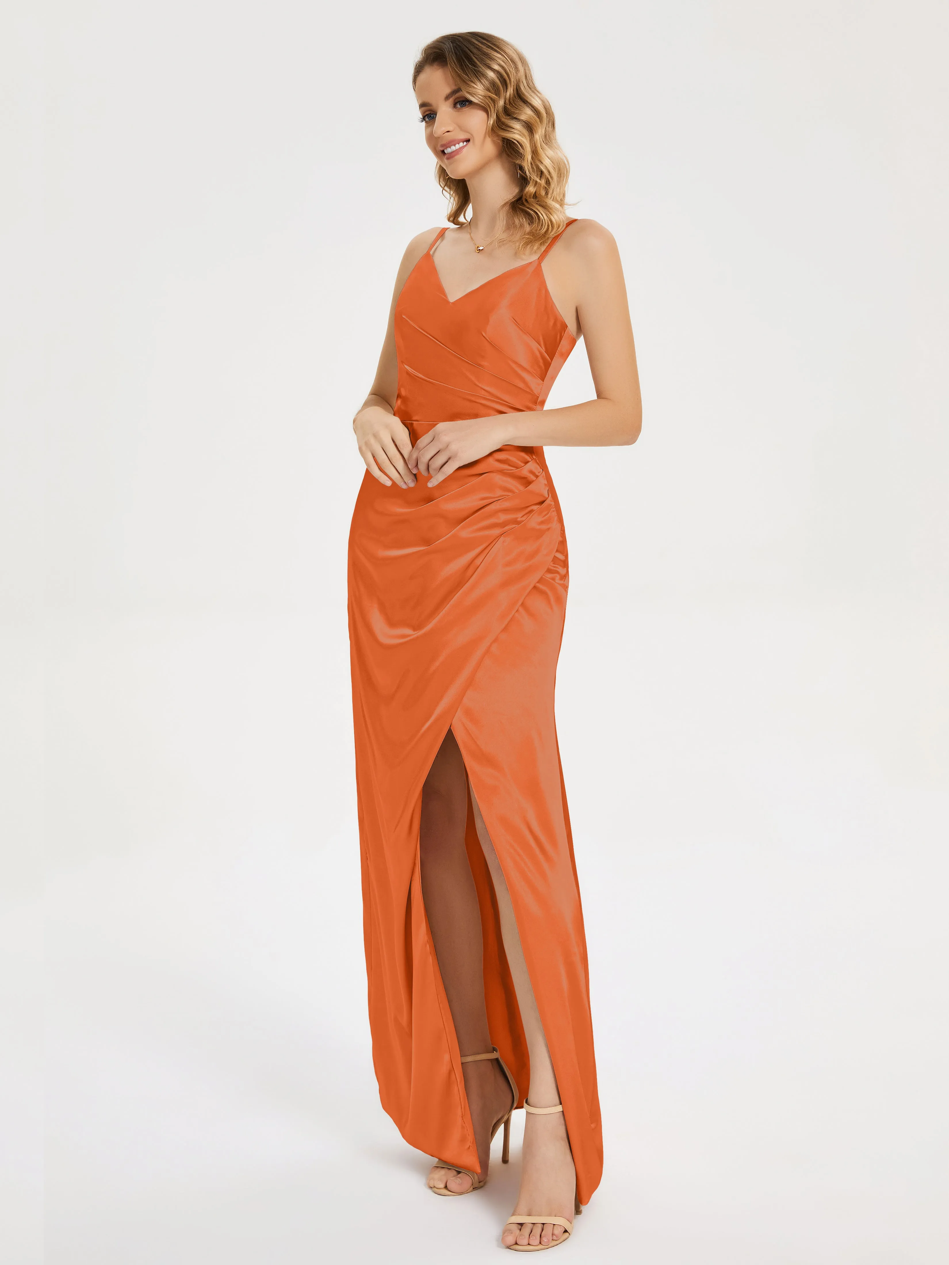 Aniyah Ruched Spaghetti Straps Soft Satin Dresses