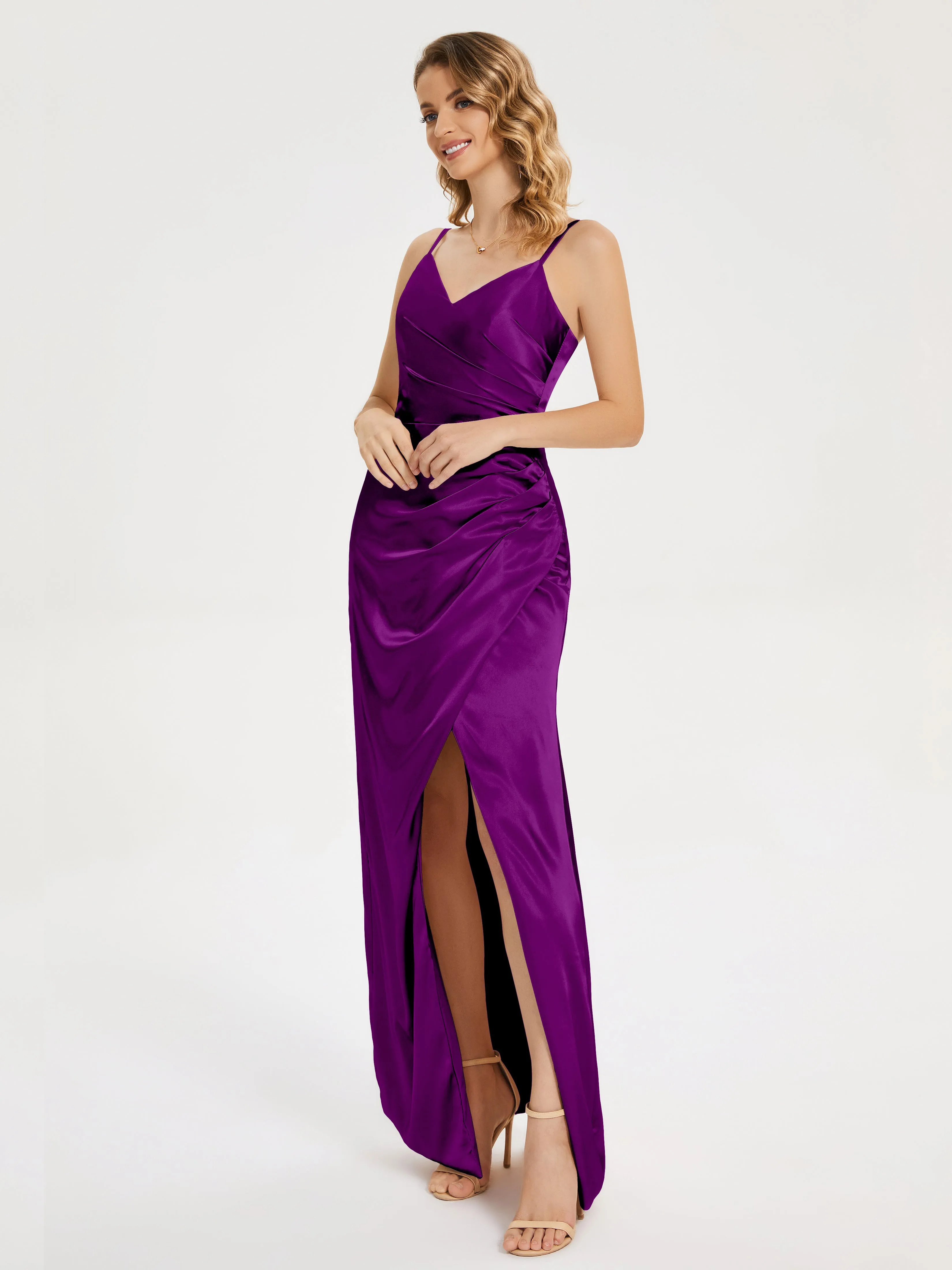 Aniyah Ruched Spaghetti Straps Soft Satin Dresses