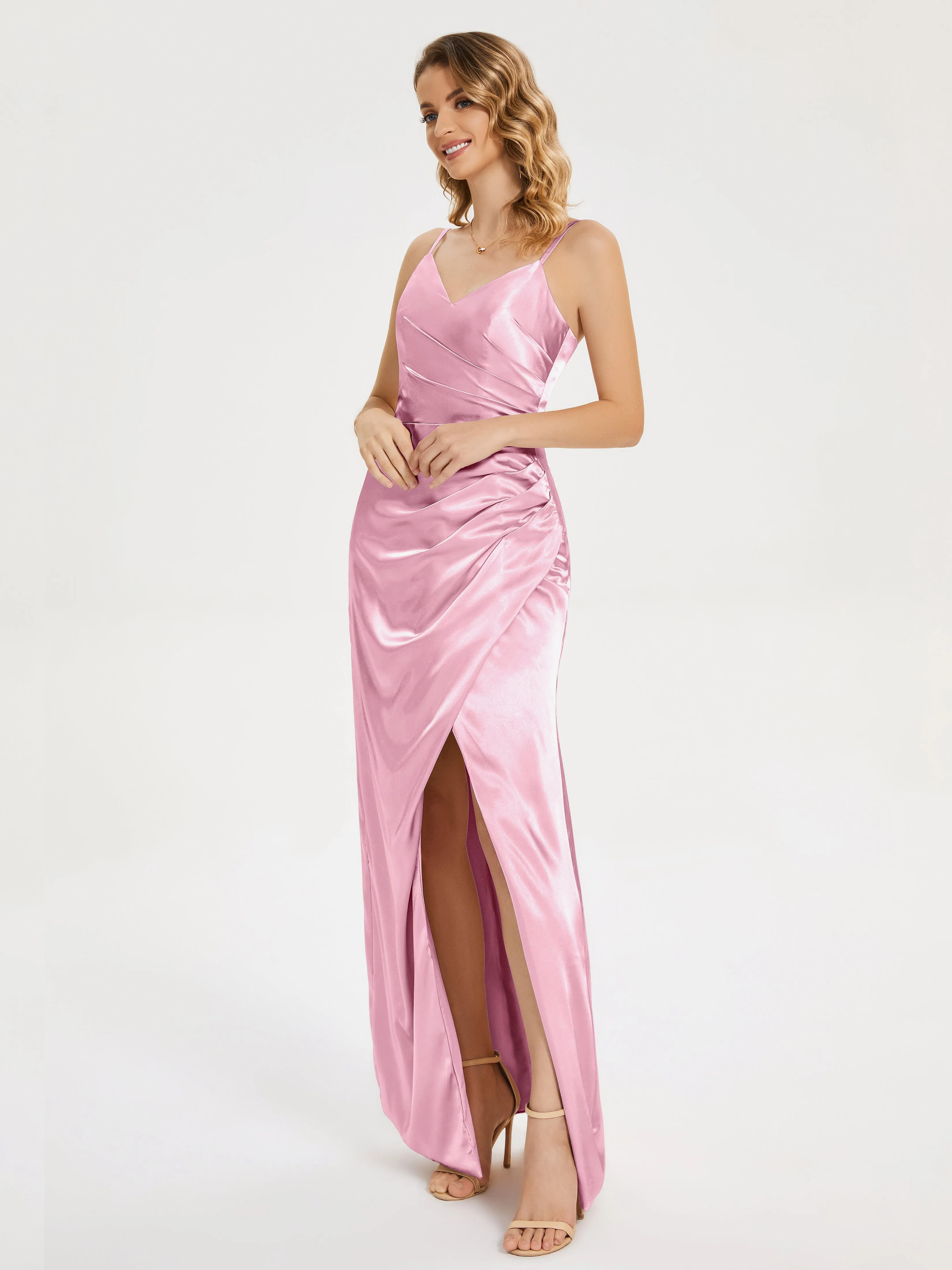 Aniyah Ruched Spaghetti Straps Soft Satin Dresses