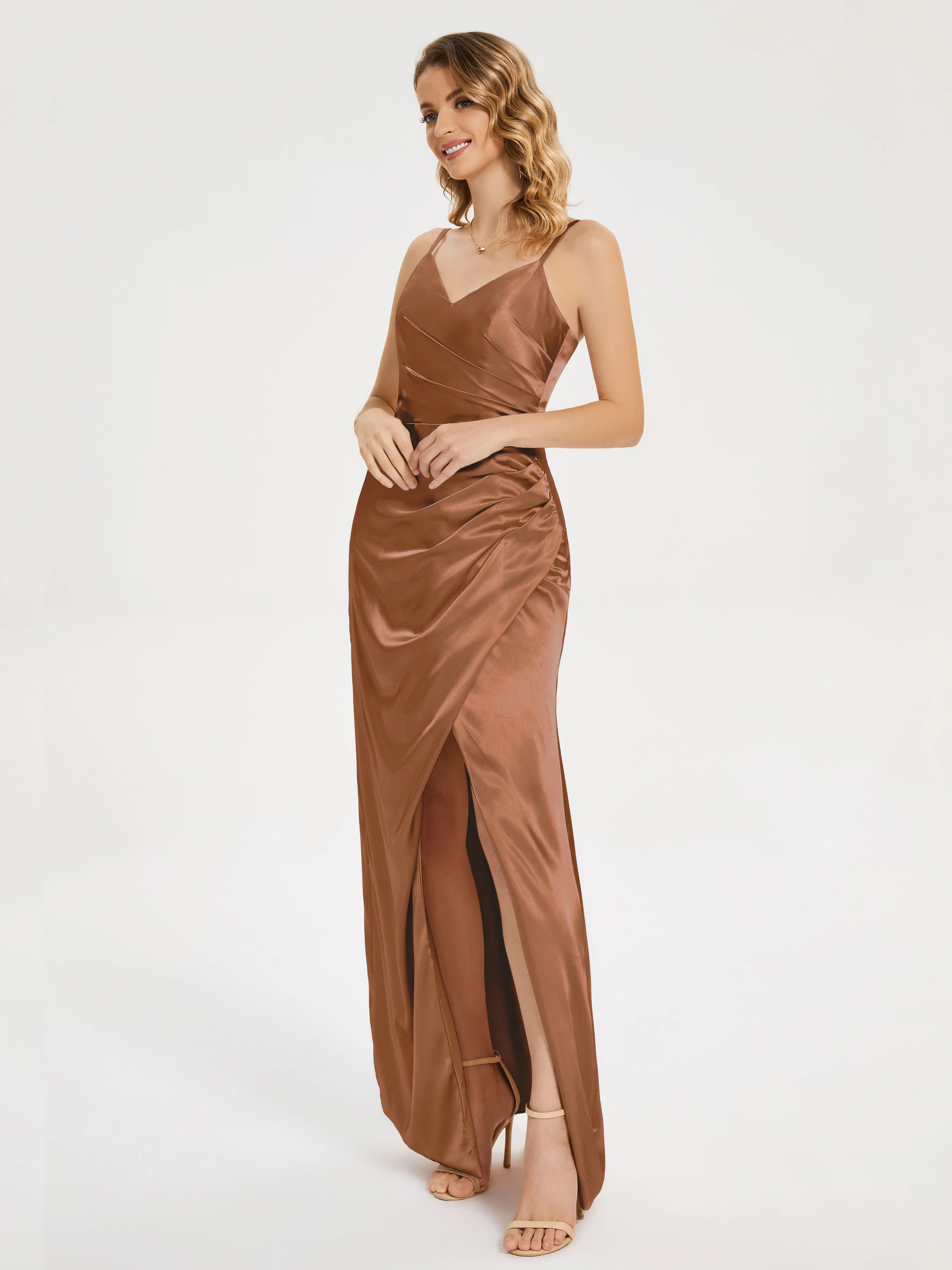 Aniyah Ruched Spaghetti Straps Soft Satin Dresses