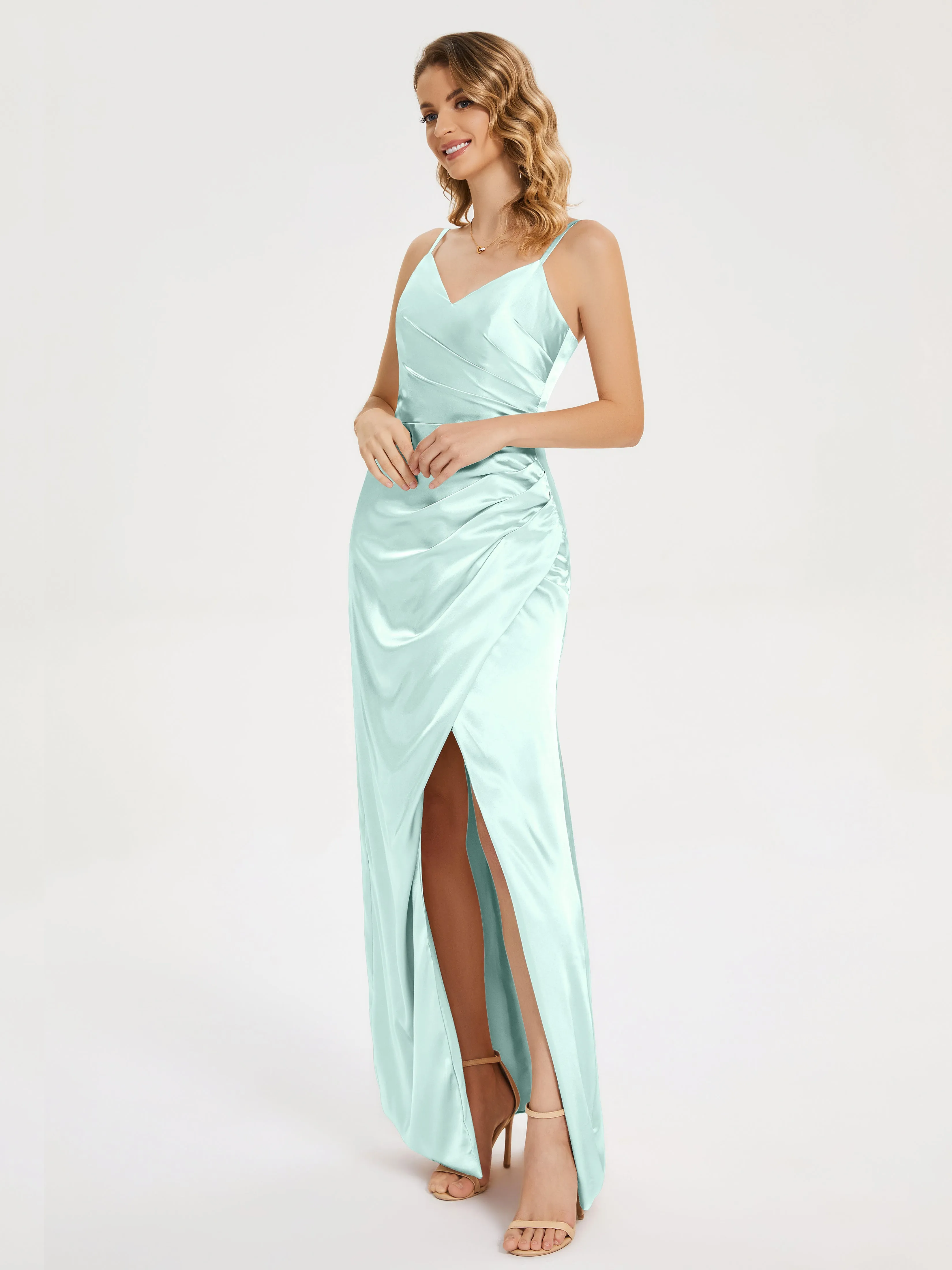 Aniyah Ruched Spaghetti Straps Soft Satin Dresses