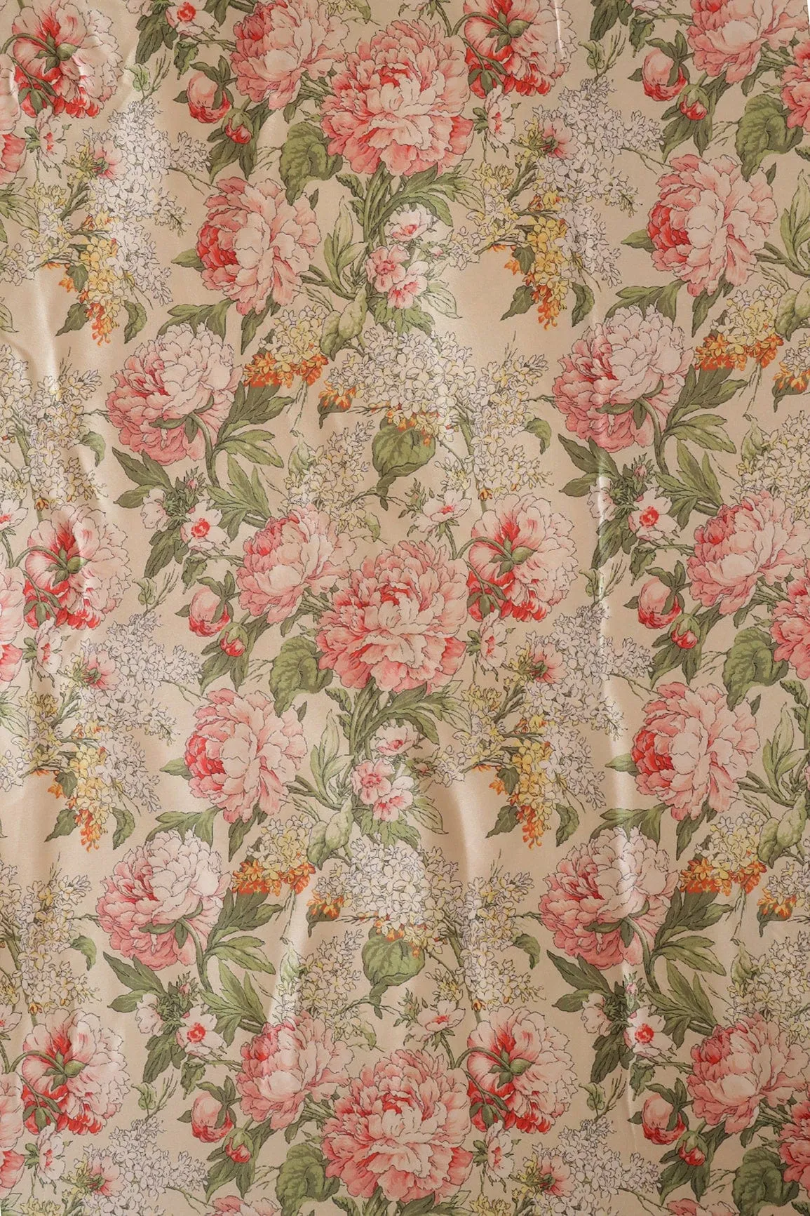 Beautiful Multi Color Floral Pattern Digital Print On Cream Satin Fabric