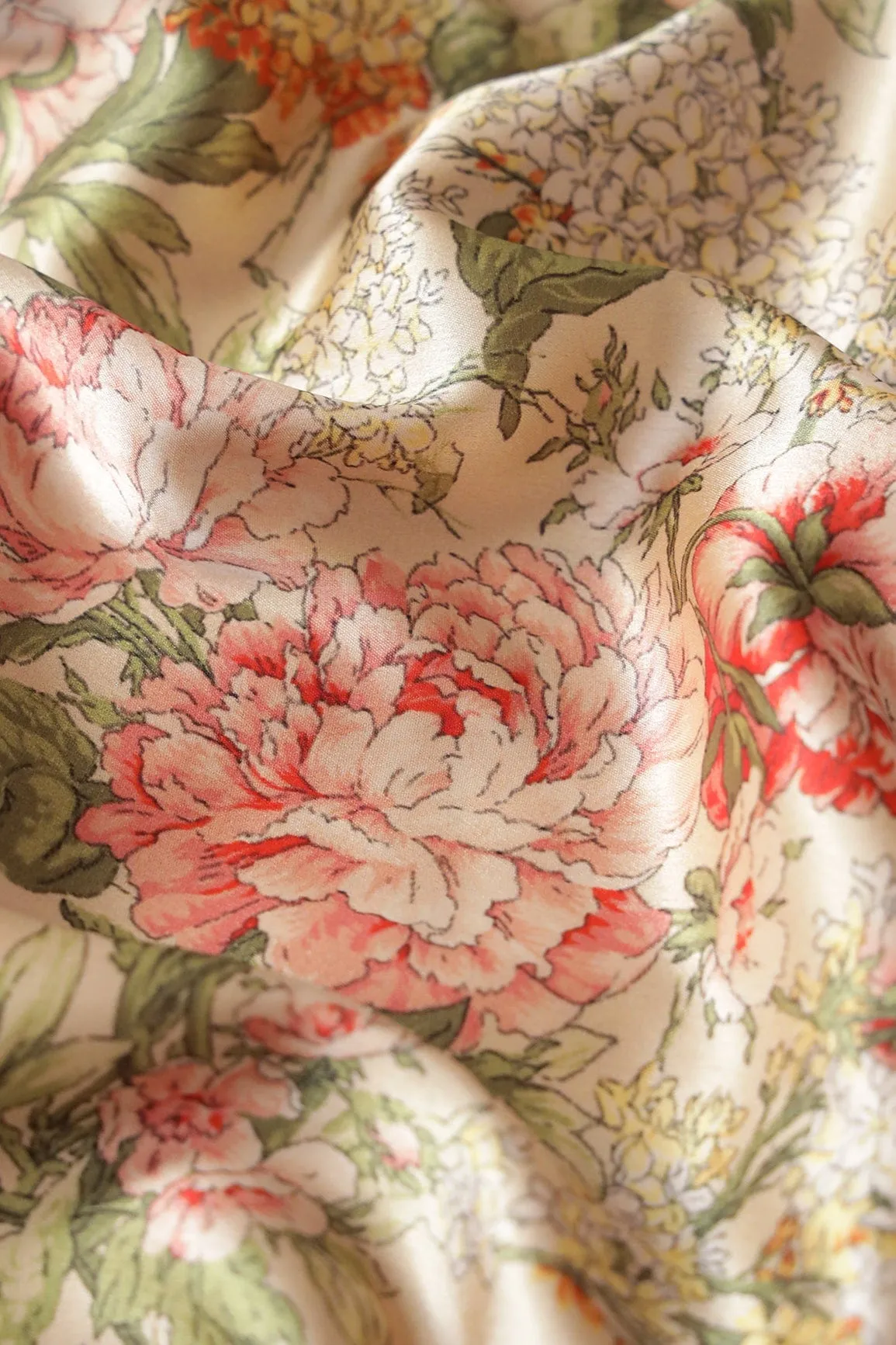 Beautiful Multi Color Floral Pattern Digital Print On Cream Satin Fabric