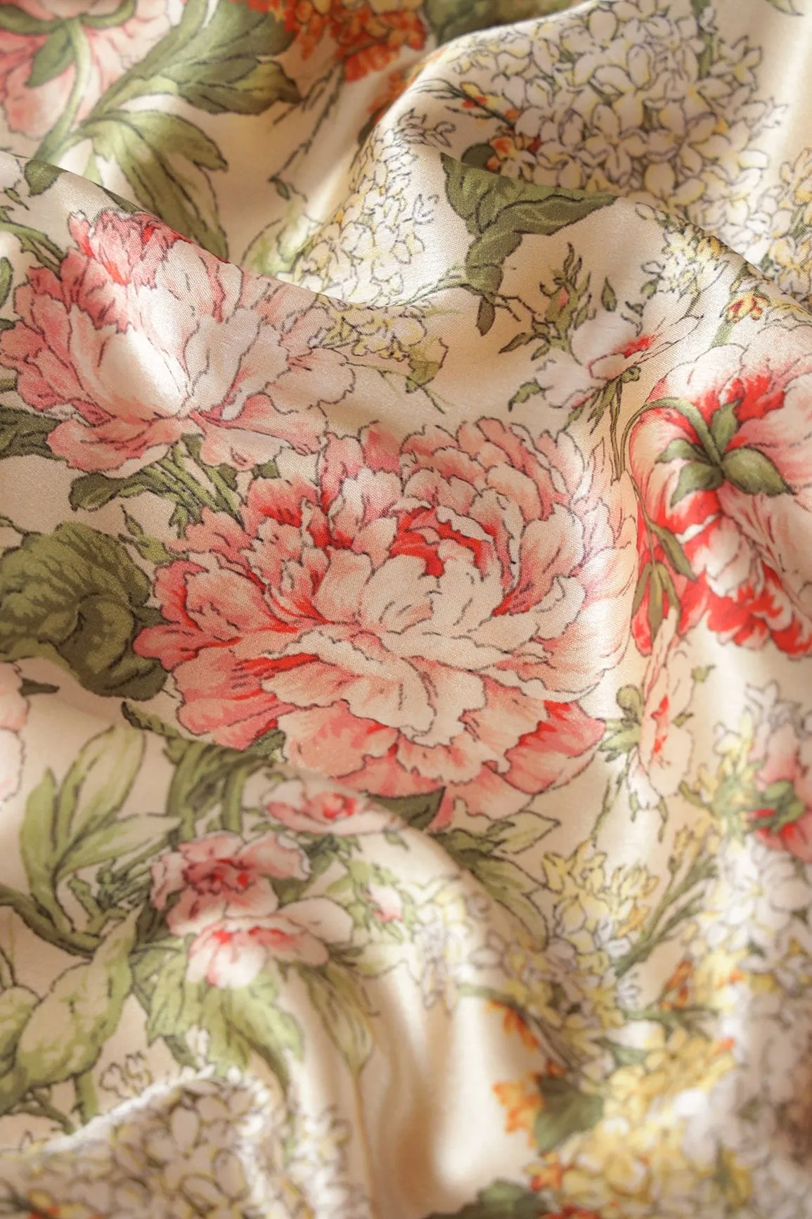 Beautiful Multi Color Floral Pattern Digital Print On Cream Satin Fabric