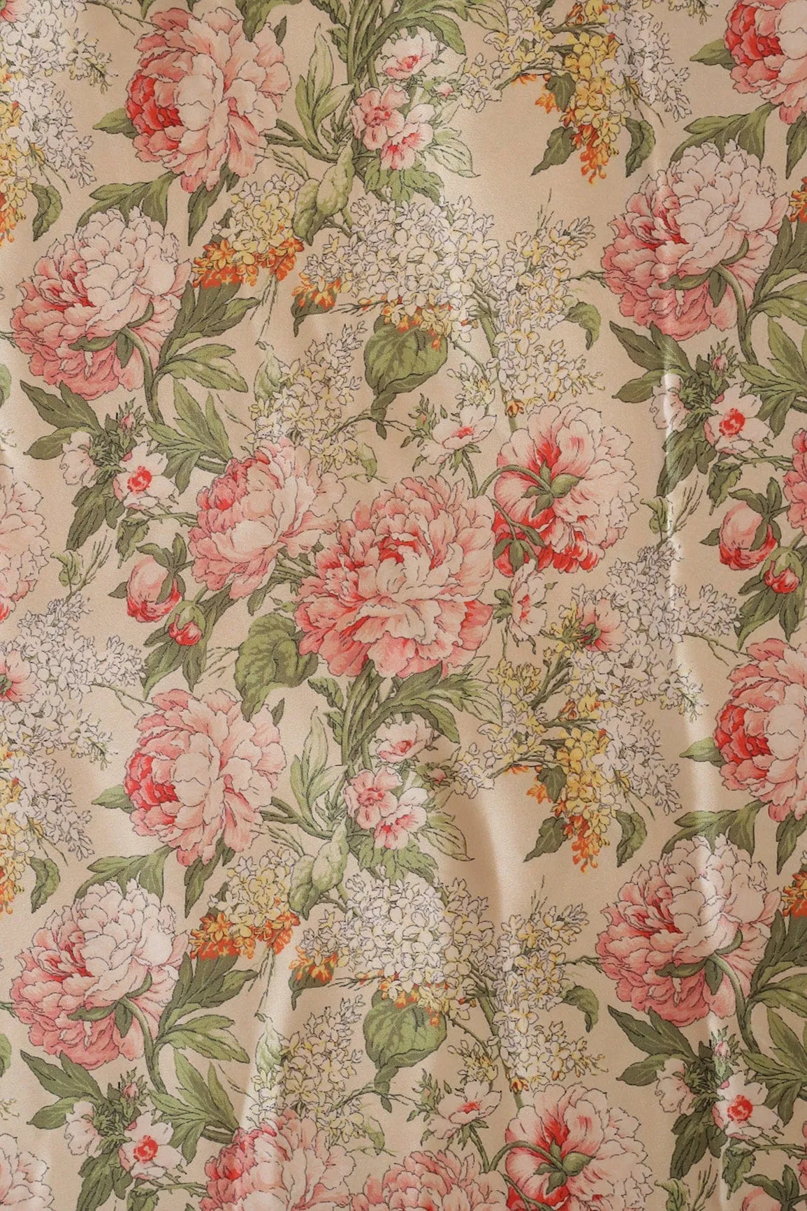 Beautiful Multi Color Floral Pattern Digital Print On Cream Satin Fabric