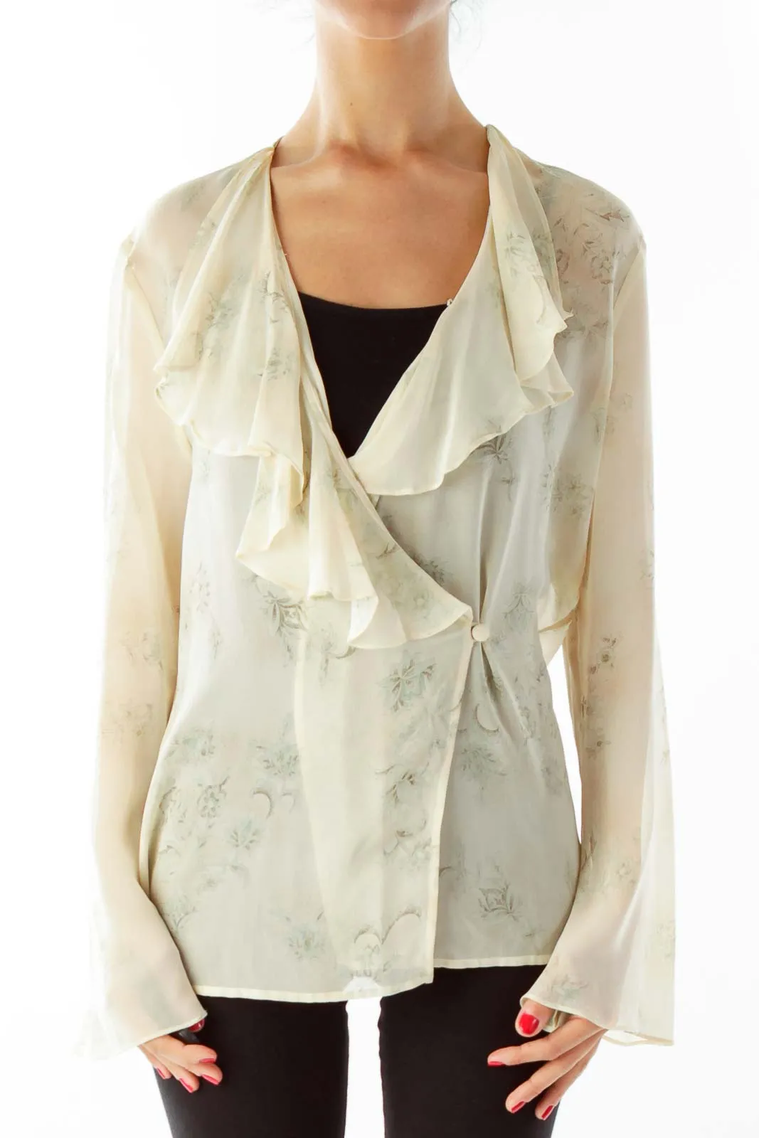 Beige Flower Print Sheer Ruffle Blouse