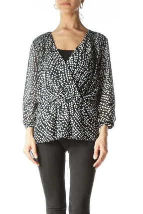 Black and White Polk- Dot Sheer V-Neck Blouse