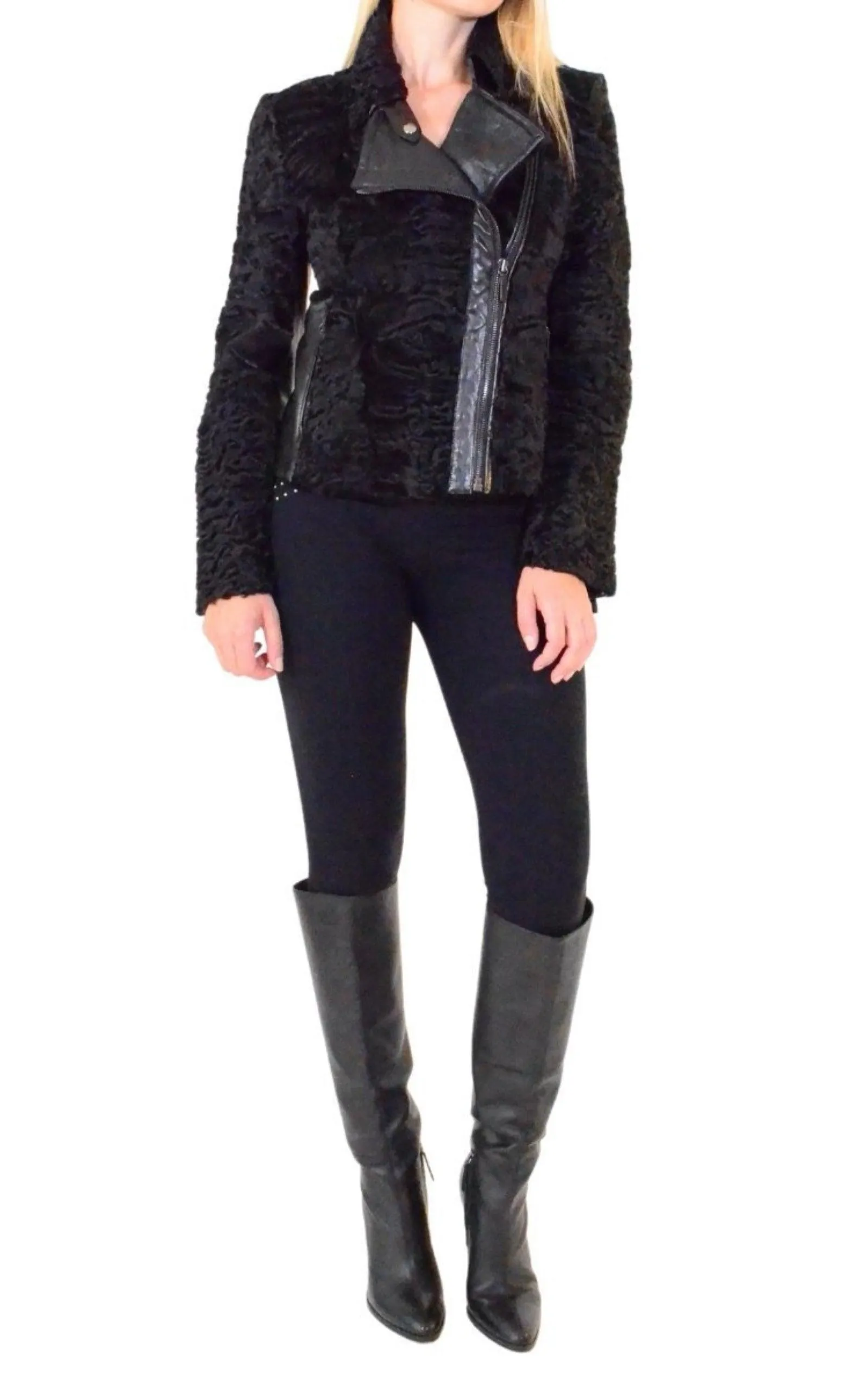 Black Astrakhan Lamb Fur Karakul Biker Jacket