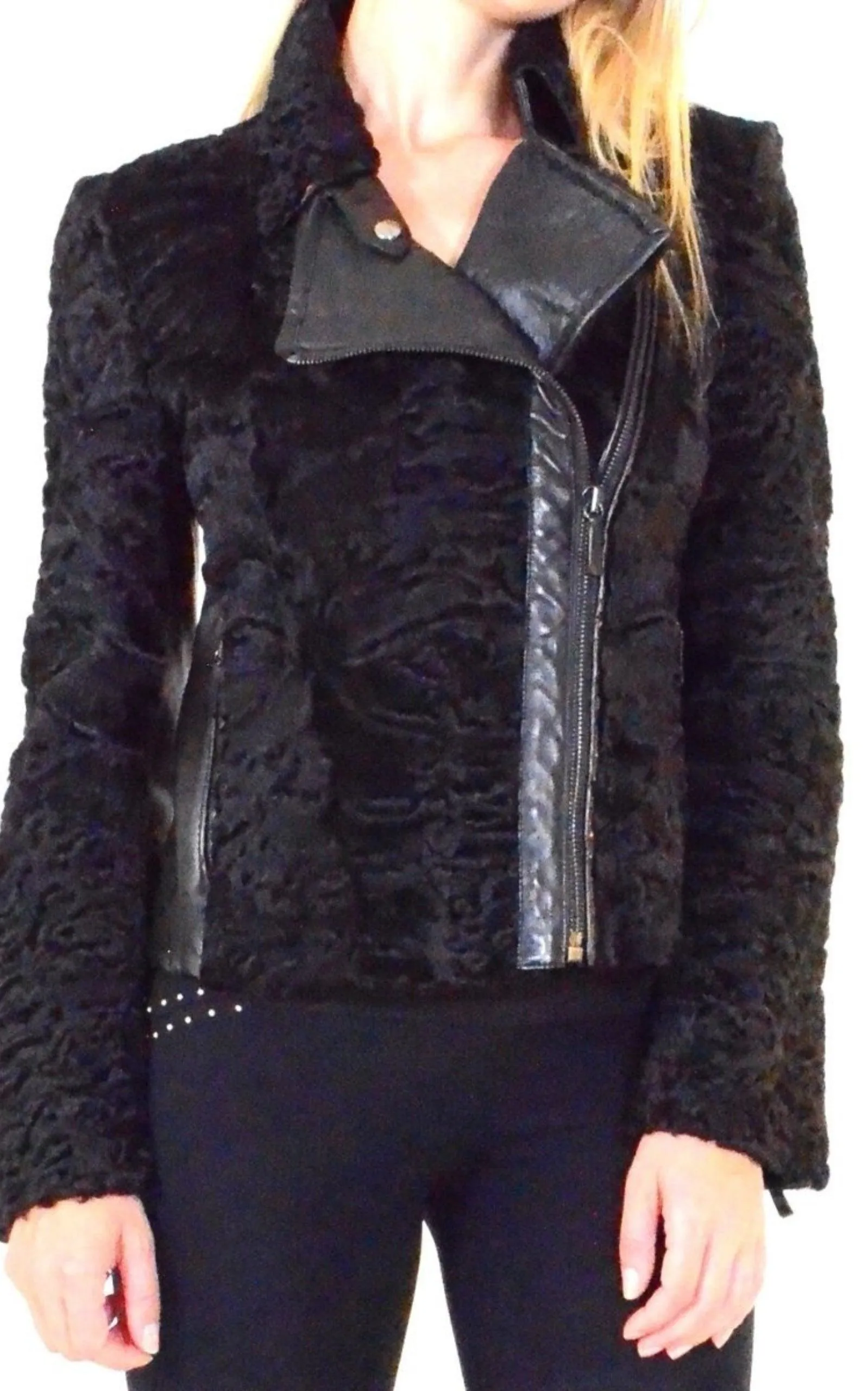 Black Astrakhan Lamb Fur Karakul Biker Jacket