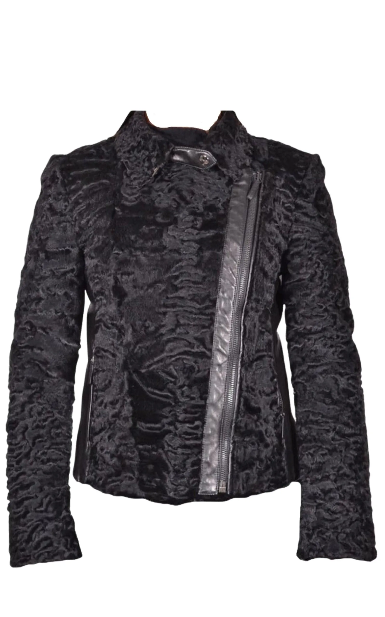 Black Astrakhan Lamb Fur Karakul Biker Jacket