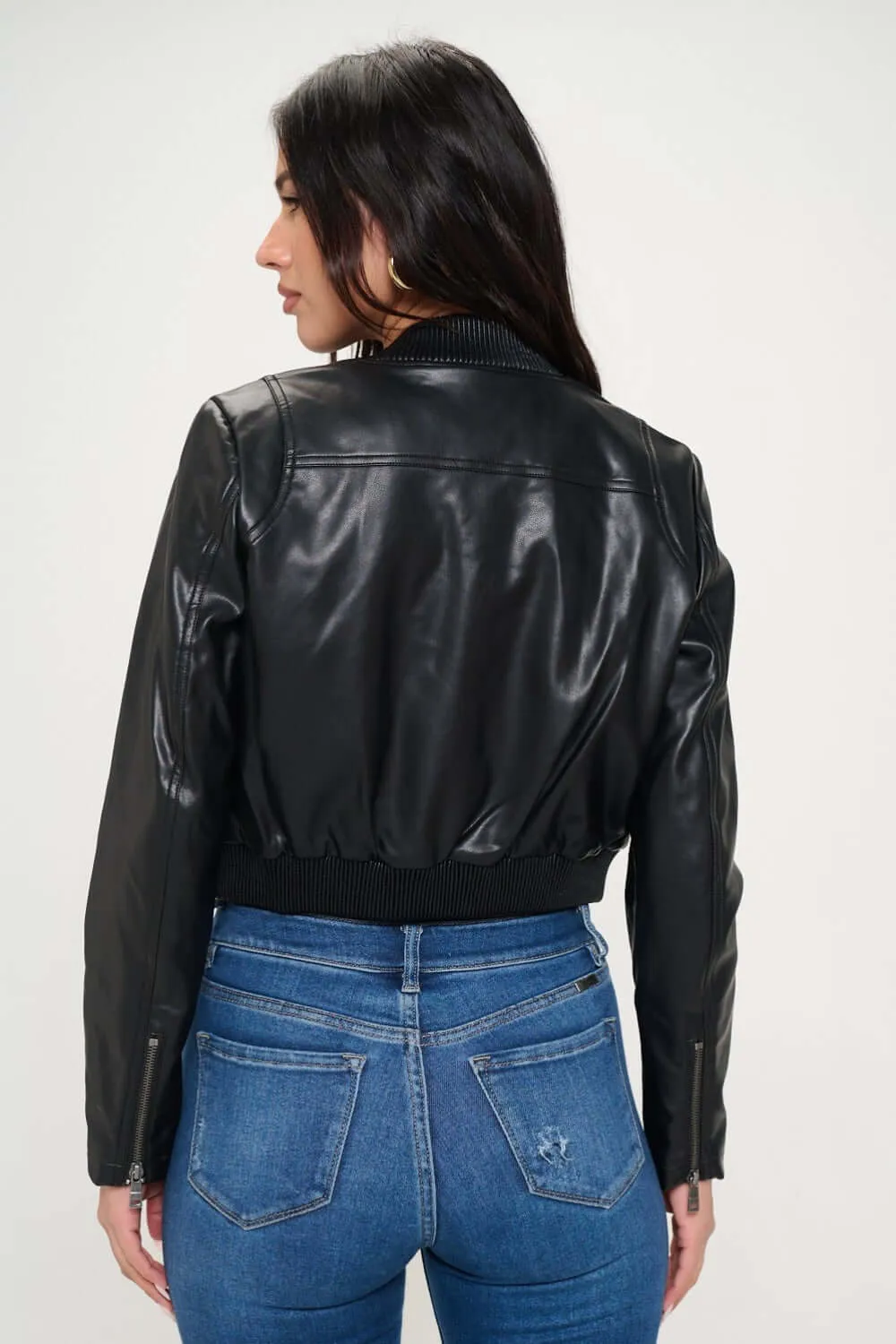 Black Zip Up Cropped Bomber Faux Leather Jacket