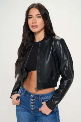 Black Zip Up Cropped Bomber Faux Leather Jacket