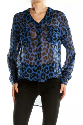 Blue Leopard Print Sheer Blouse