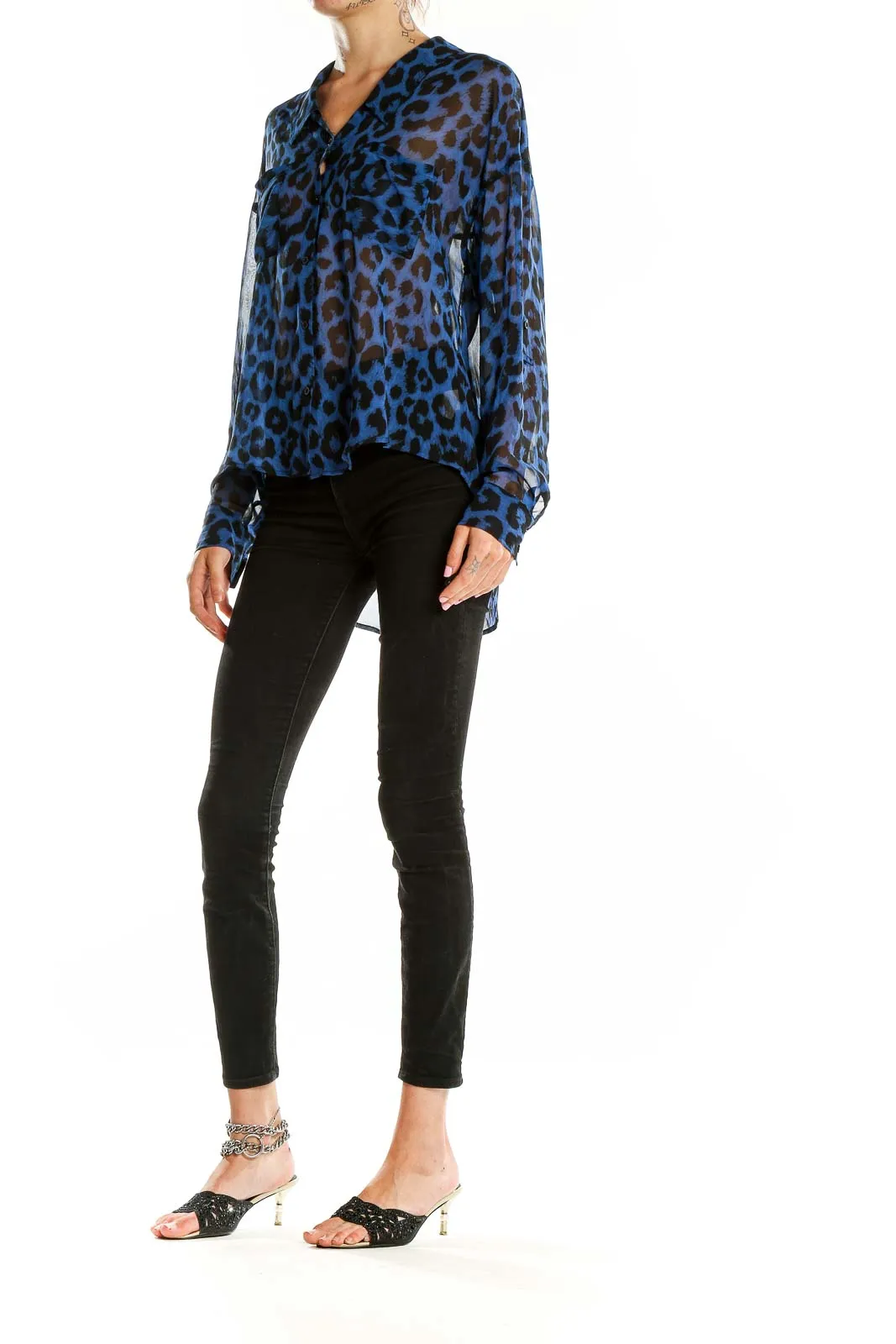 Blue Leopard Print Sheer Blouse