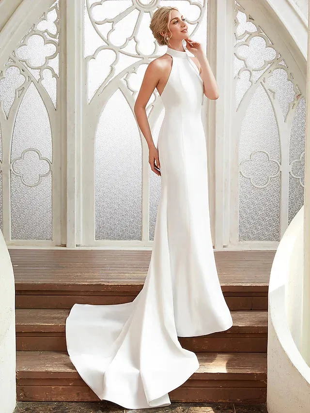 Bridal Casual Open Back Wedding Dresses Court Regular Straps Halter Satin With Pleats