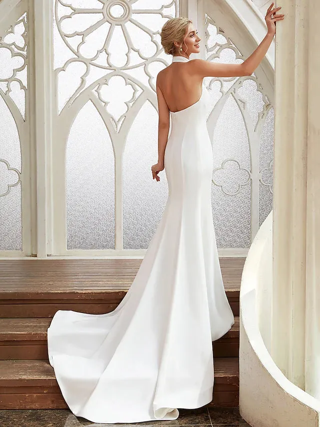 Bridal Casual Open Back Wedding Dresses Court Regular Straps Halter Satin With Pleats