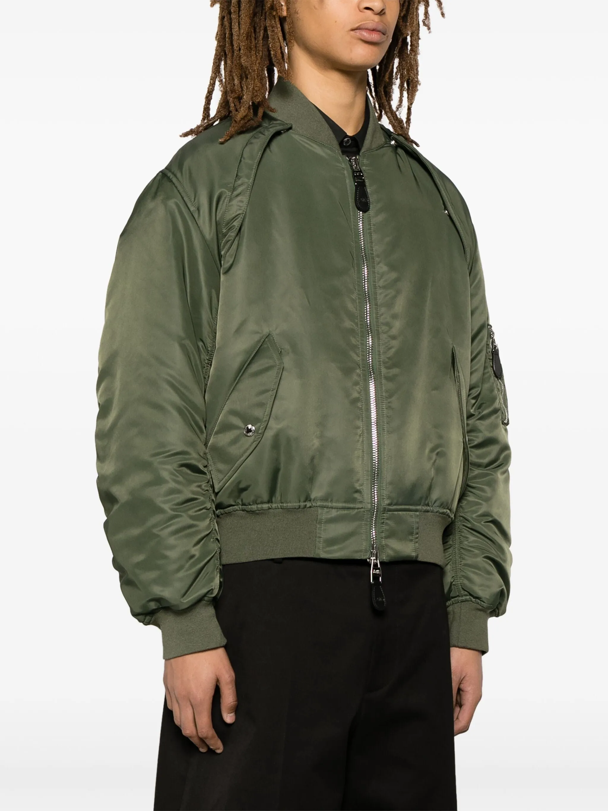 Detachable-Sleeve Ruched Bomber Jacket