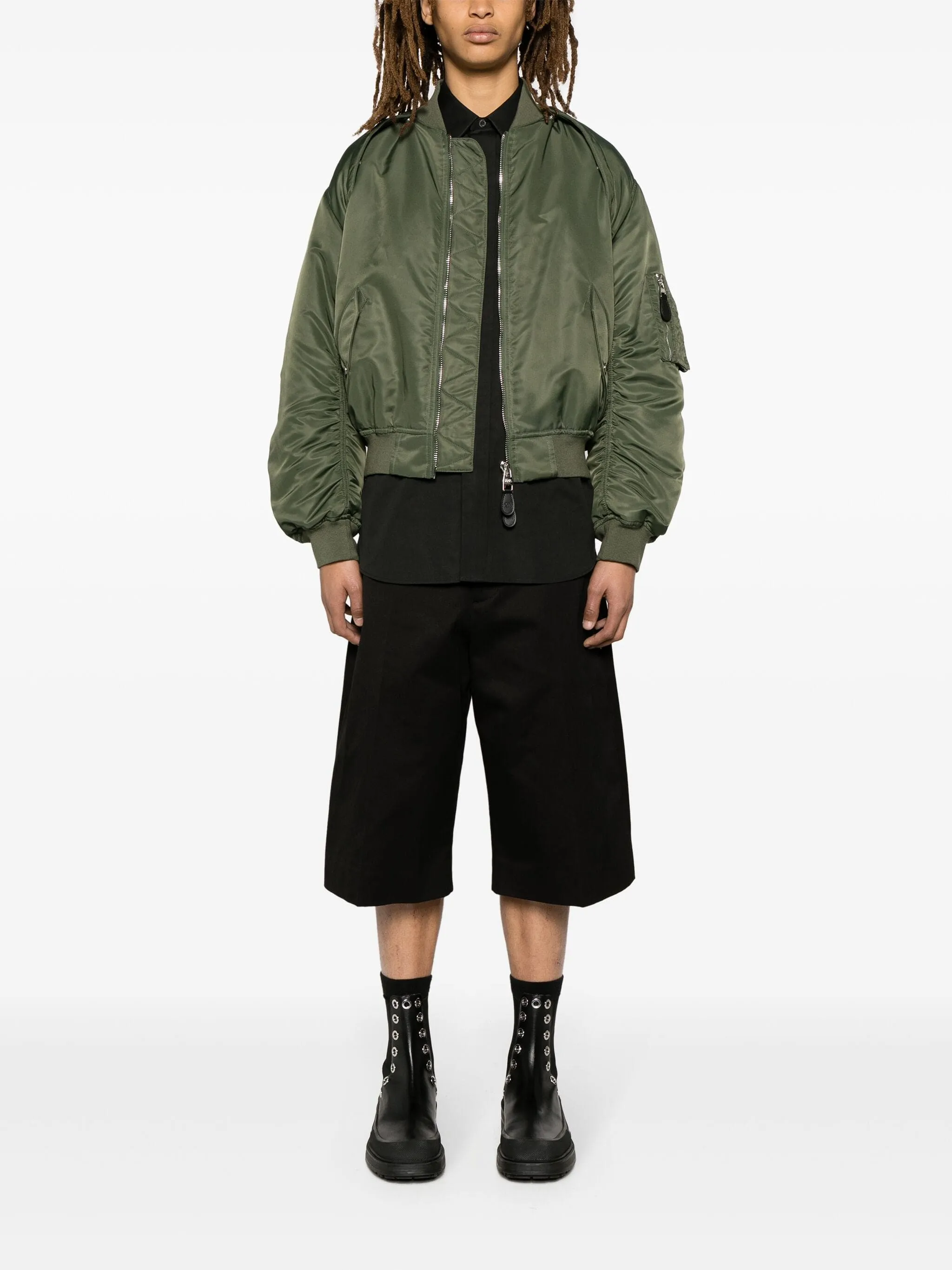 Detachable-Sleeve Ruched Bomber Jacket