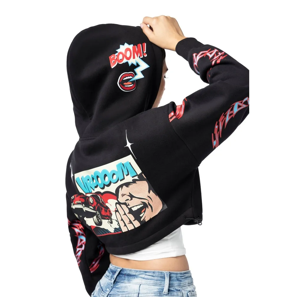 Dropped Shoulder Cropped Hoodie - Black