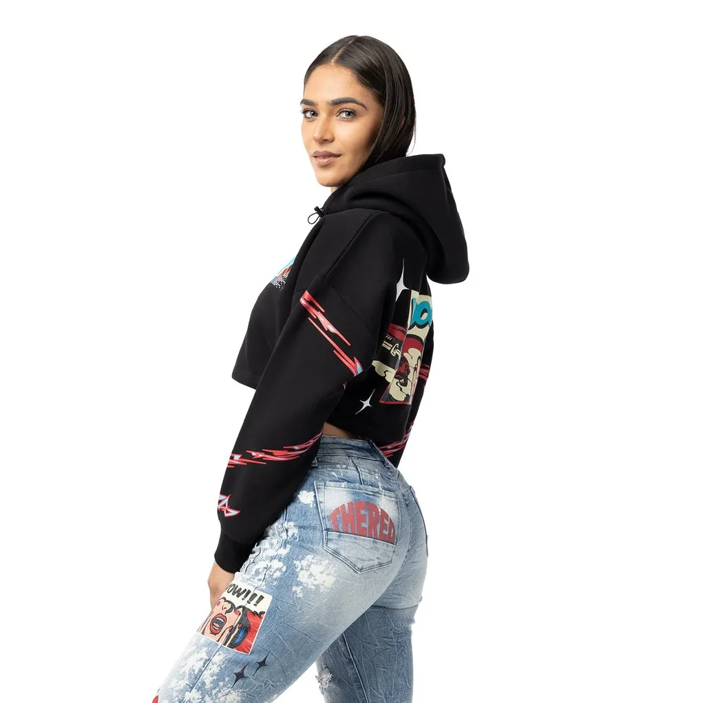 Dropped Shoulder Cropped Hoodie - Black