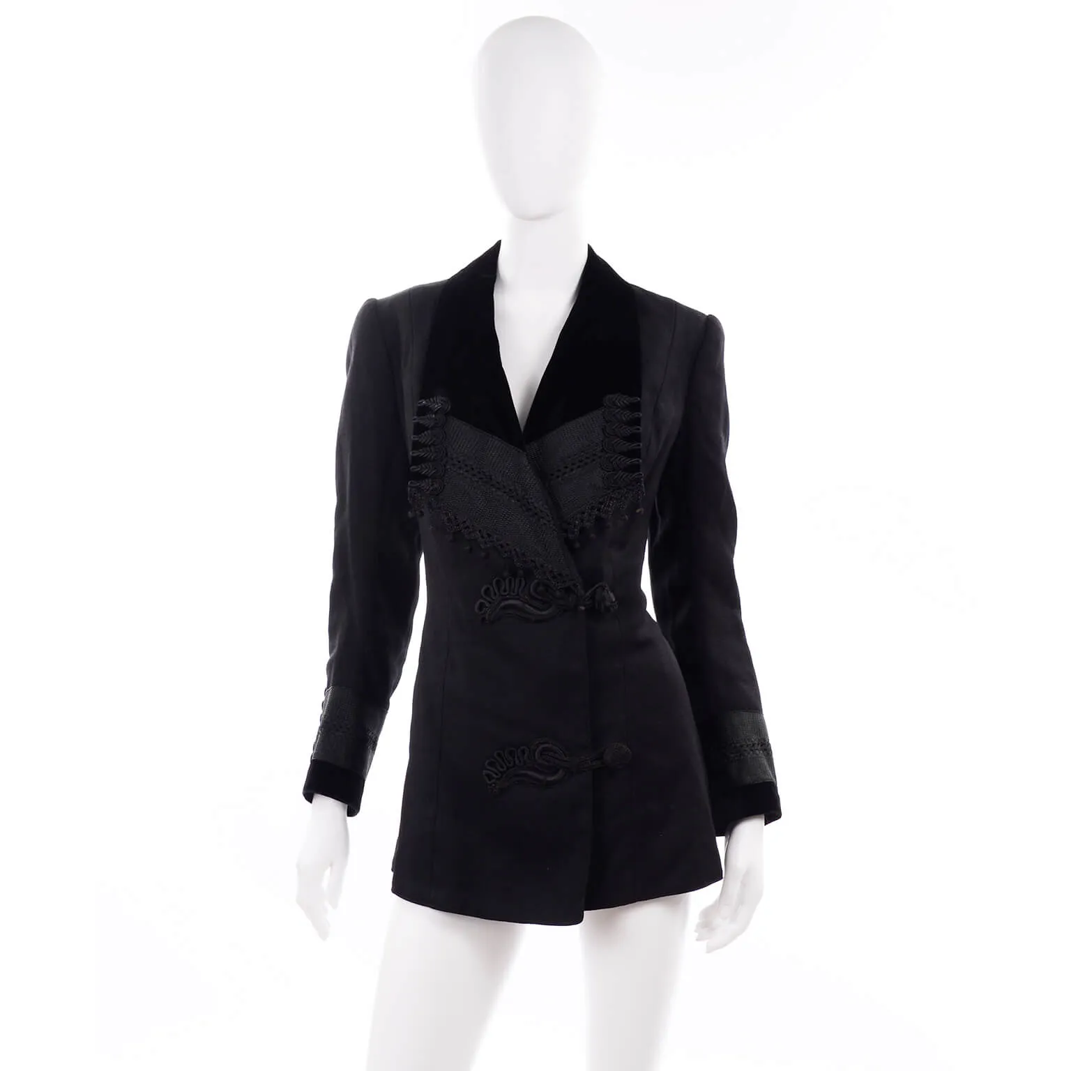 Edwardian Black Wool Jacket w/ Braid & Tassels & Velvet Trim