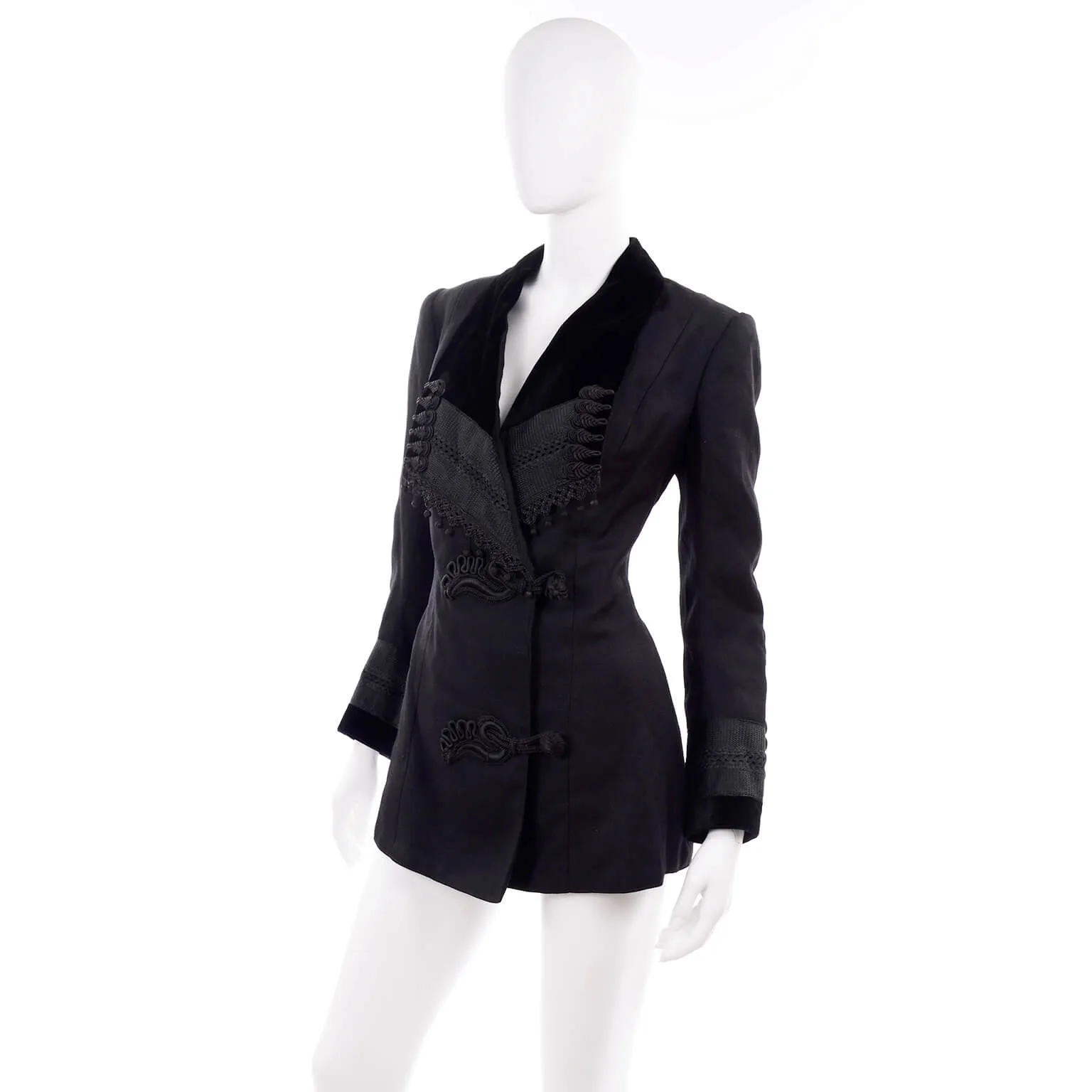 Edwardian Black Wool Jacket w/ Braid & Tassels & Velvet Trim